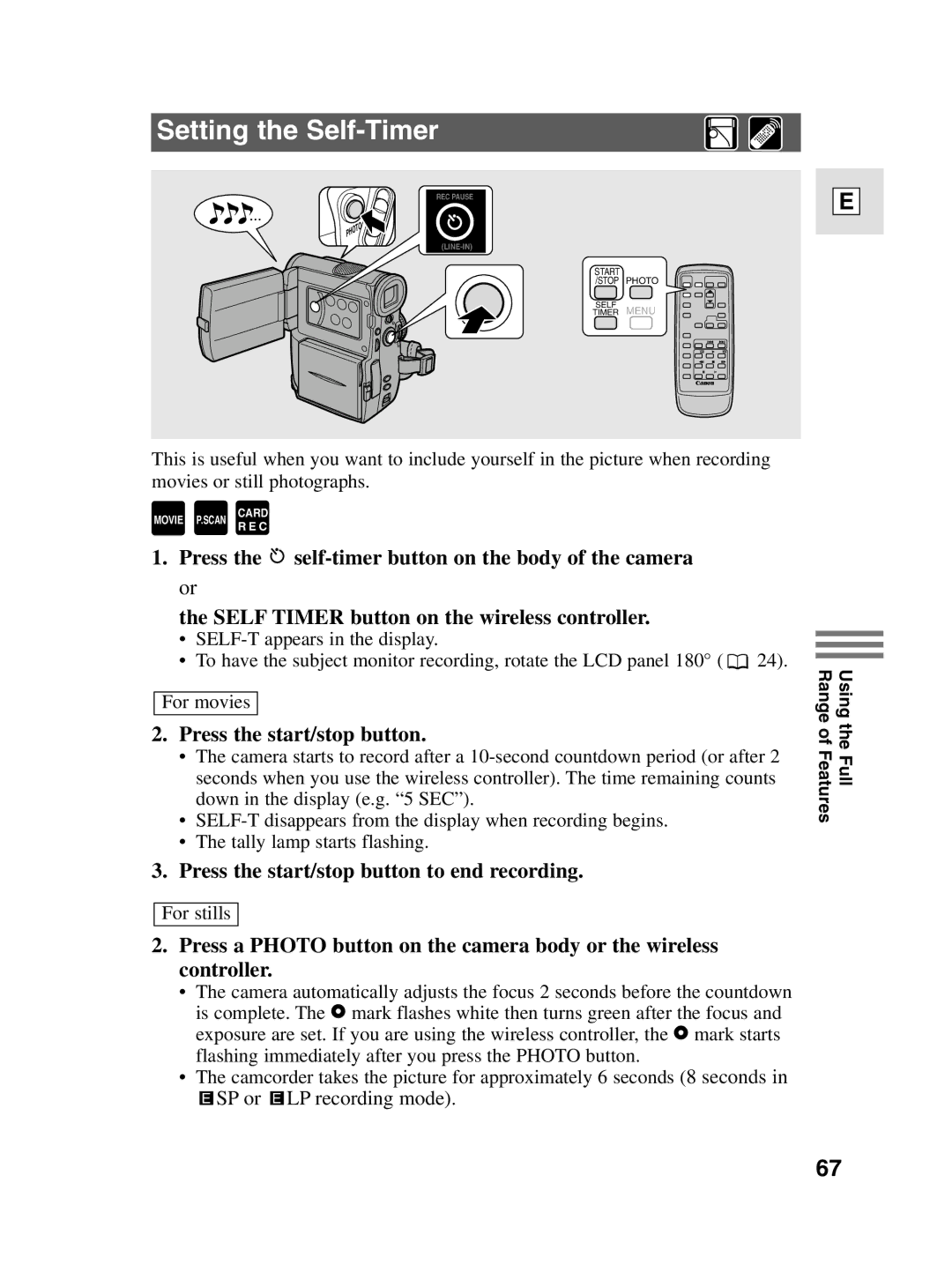 Canon elura20, 10 instruction manual Setting the Self-Timer, Press the start/stop button to end recording 