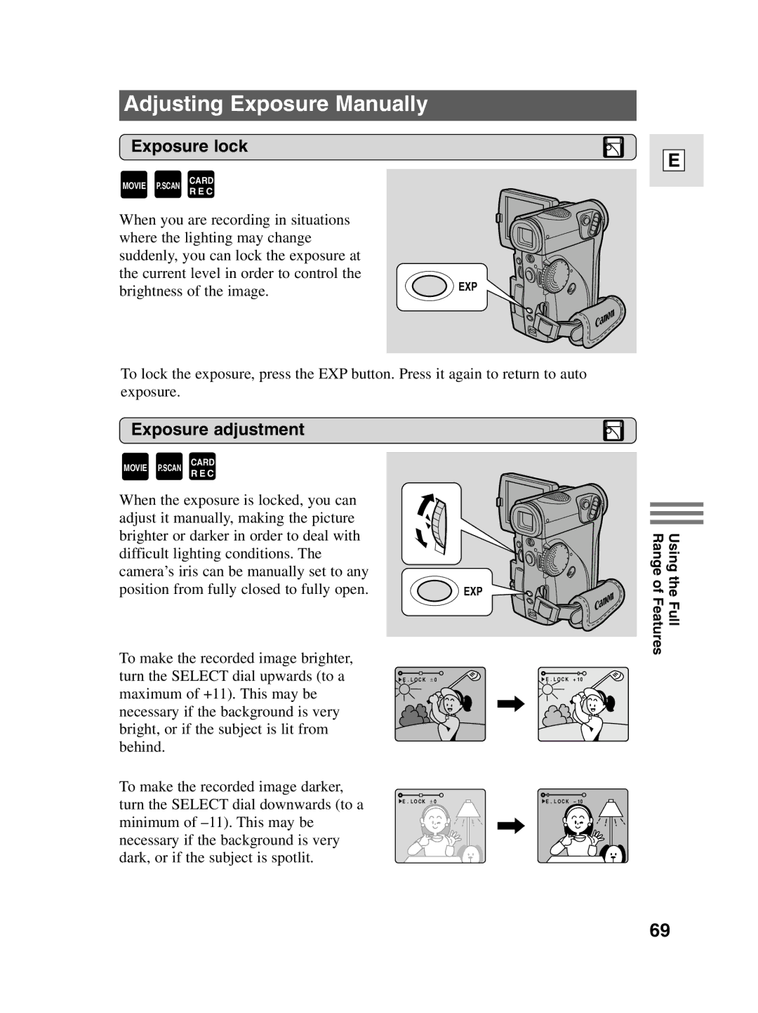 Canon elura20, 10 instruction manual Adjusting Exposure Manually, Exposure lock, Exposure adjustment 