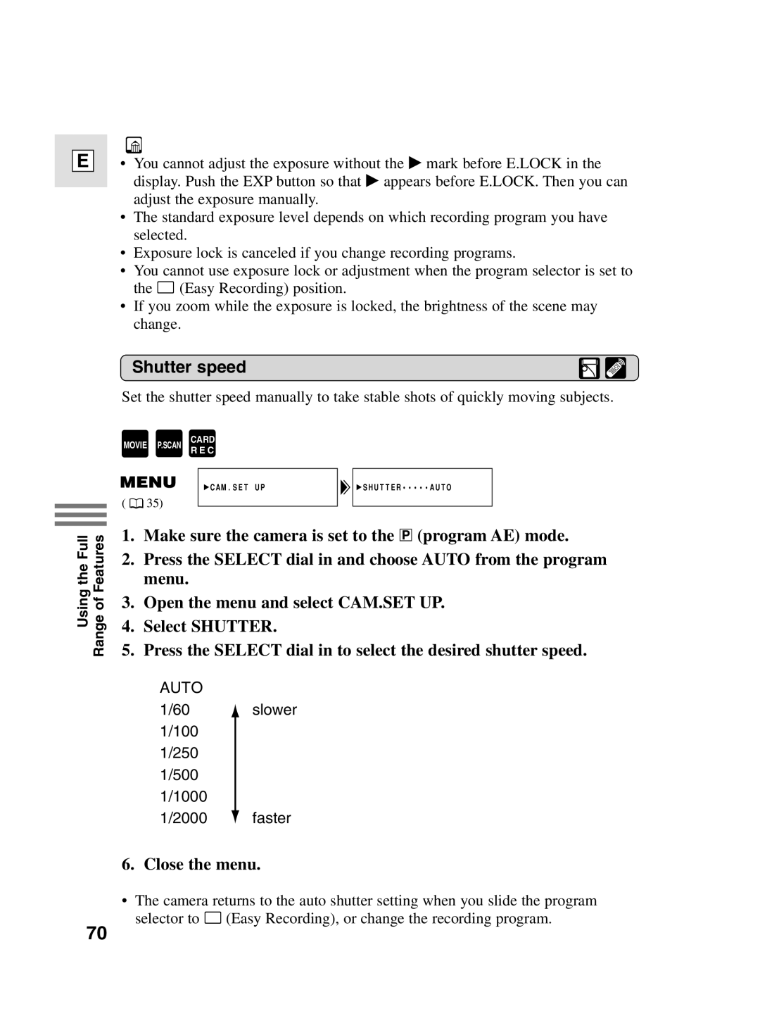 Canon 10, elura20 instruction manual Shutter speed, Close the menu 