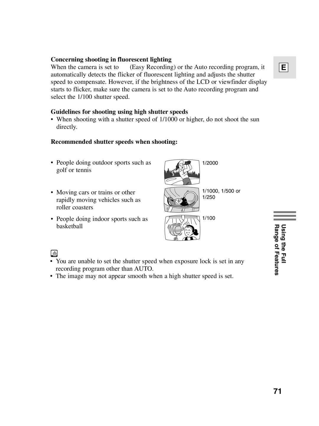 Canon elura20, 10 Concerning shooting in fluorescent lighting, Guidelines for shooting using high shutter speeds 