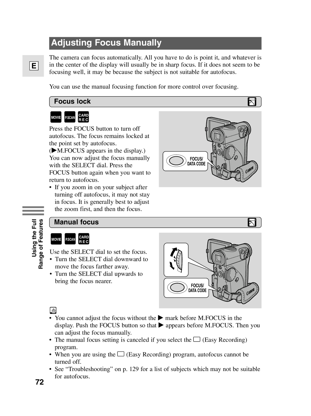 Canon 10, elura20 instruction manual Adjusting Focus Manually, Focus lock, Manual focus 