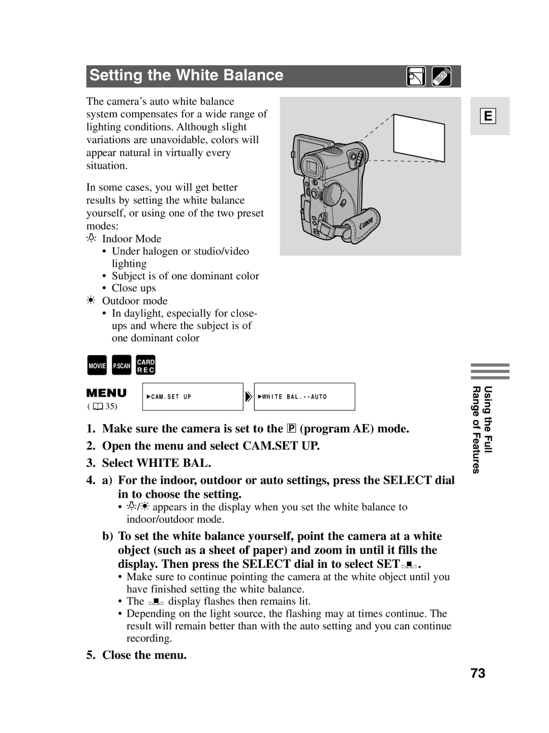 Canon elura20, 10 instruction manual Setting the White Balance, Close the menu 