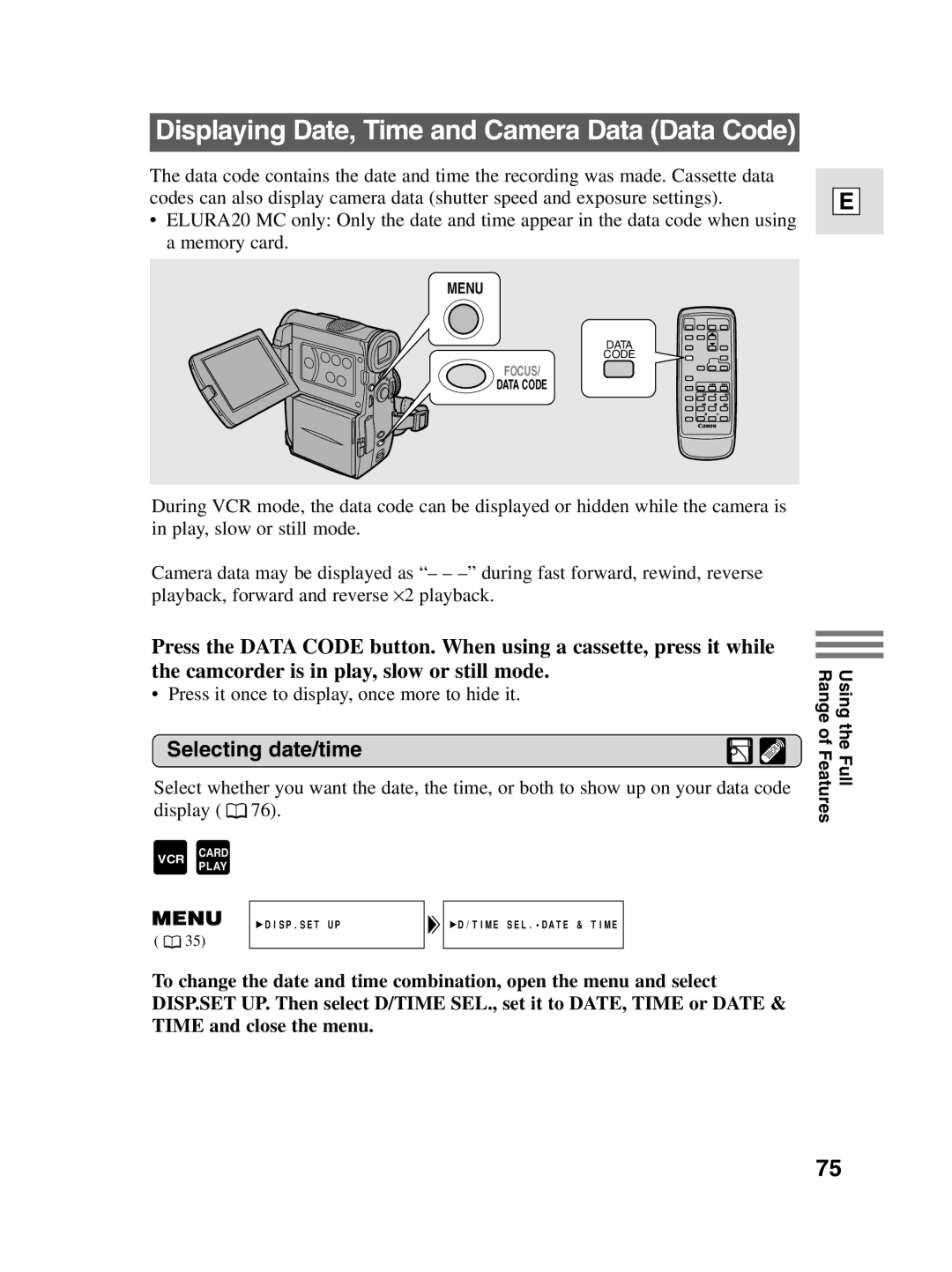 Canon elura20, 10 instruction manual Displaying Date, Time and Camera Data Data Code, Selecting date/time 