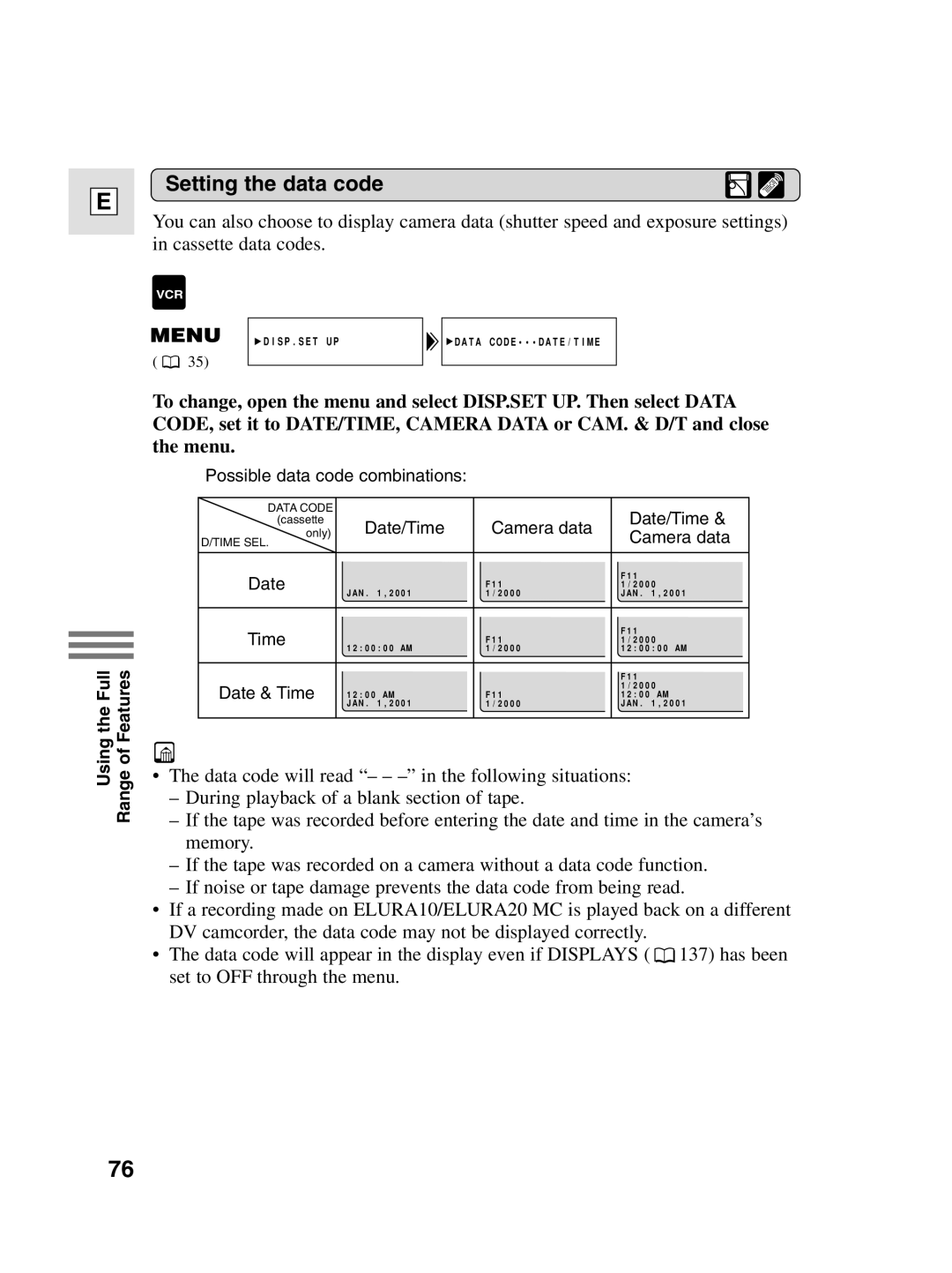 Canon 10, elura20 instruction manual Setting the data code 