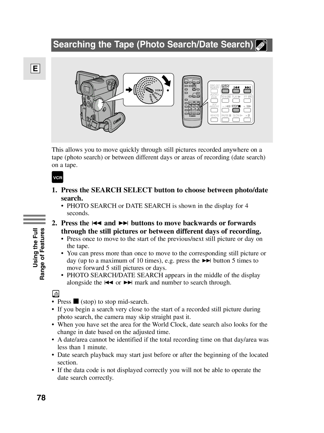 Canon 10, elura20 instruction manual Searching the Tape Photo Search/Date Search 