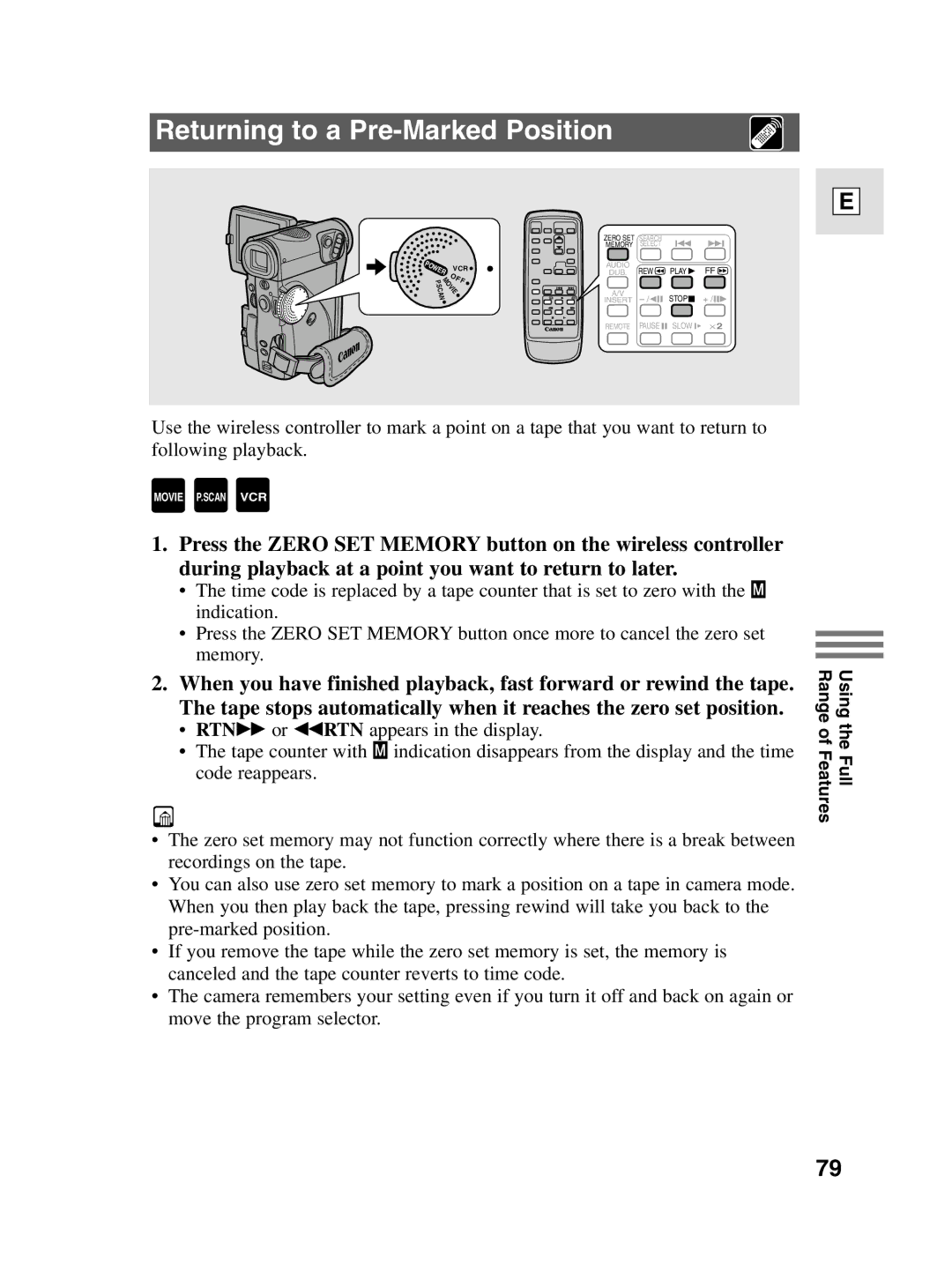 Canon elura20, 10 instruction manual Returning to a Pre-Marked Position 