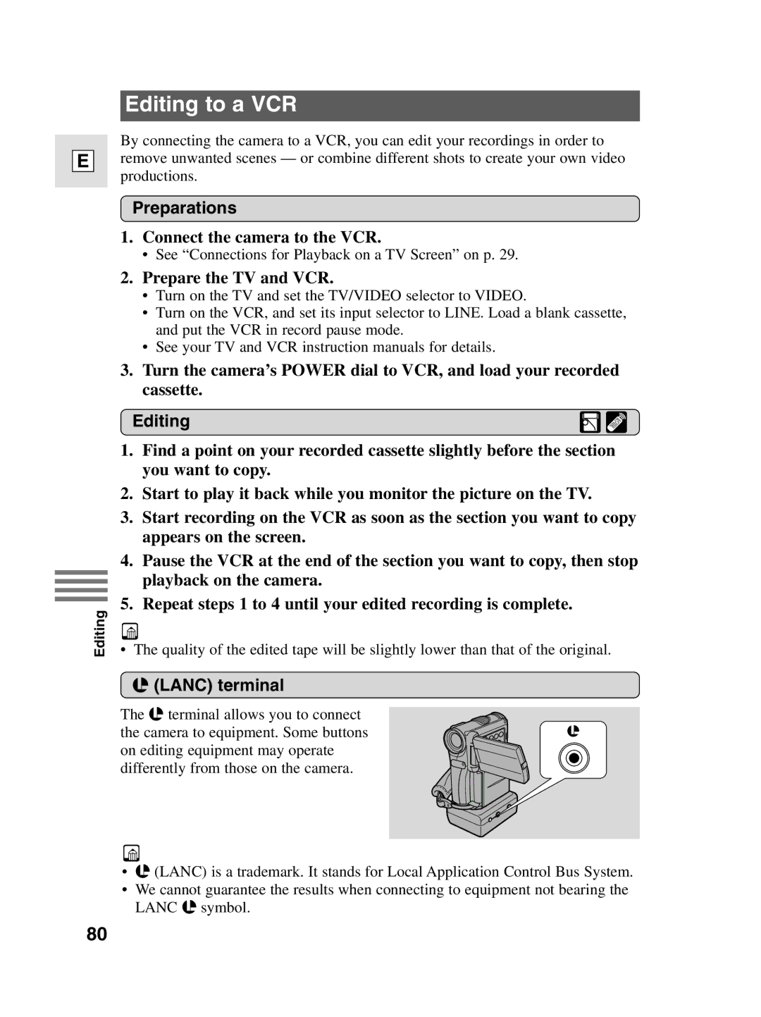 Canon 10, elura20 Editing to a VCR, Preparations, Connect the camera to the VCR, Prepare the TV and VCR, Lanc terminal 