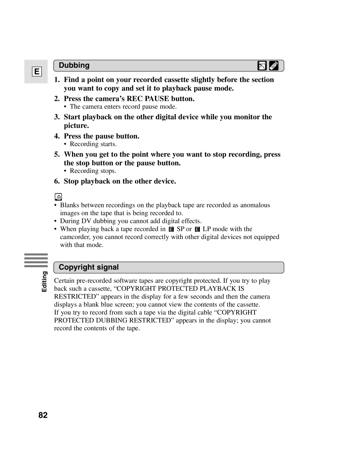 Canon 10, elura20 instruction manual Dubbing, Stop playback on the other device, Copyright signal 