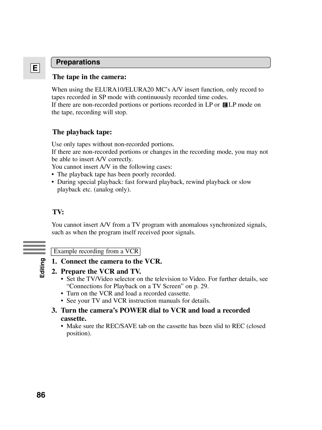 Canon 10, elura20 instruction manual Tape in the camera, Playback tape, Connect the camera to the VCR Prepare the VCR and TV 