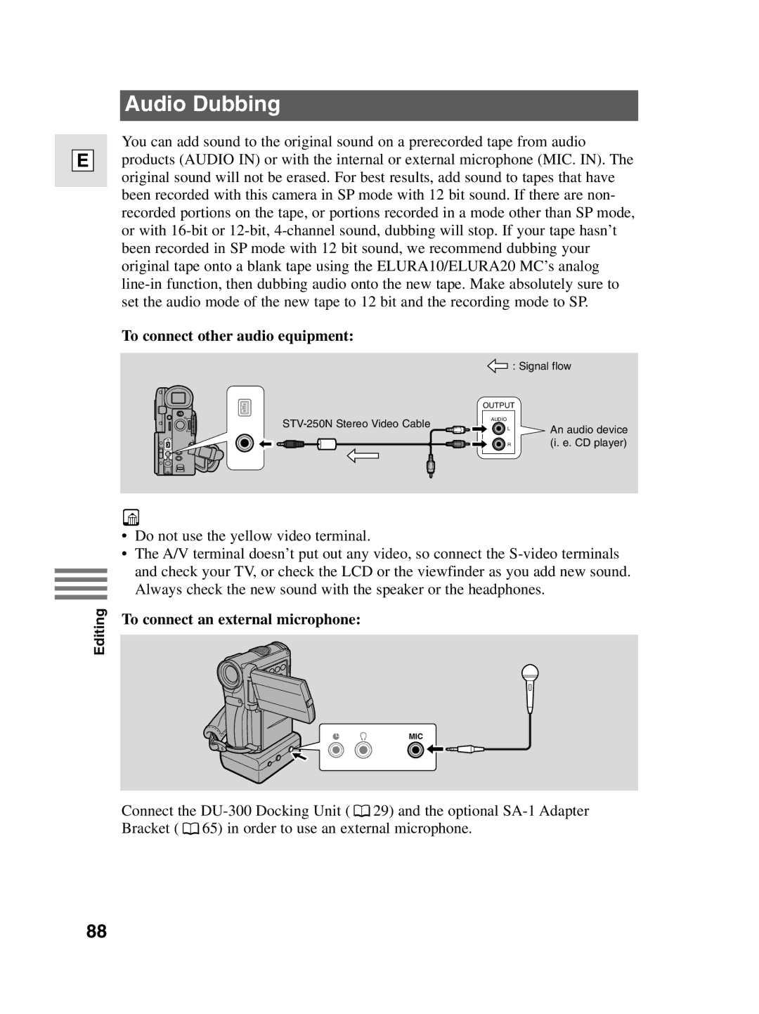 Canon 10, elura20 instruction manual Audio Dubbing, To connect other audio equipment, To connect an external microphone 