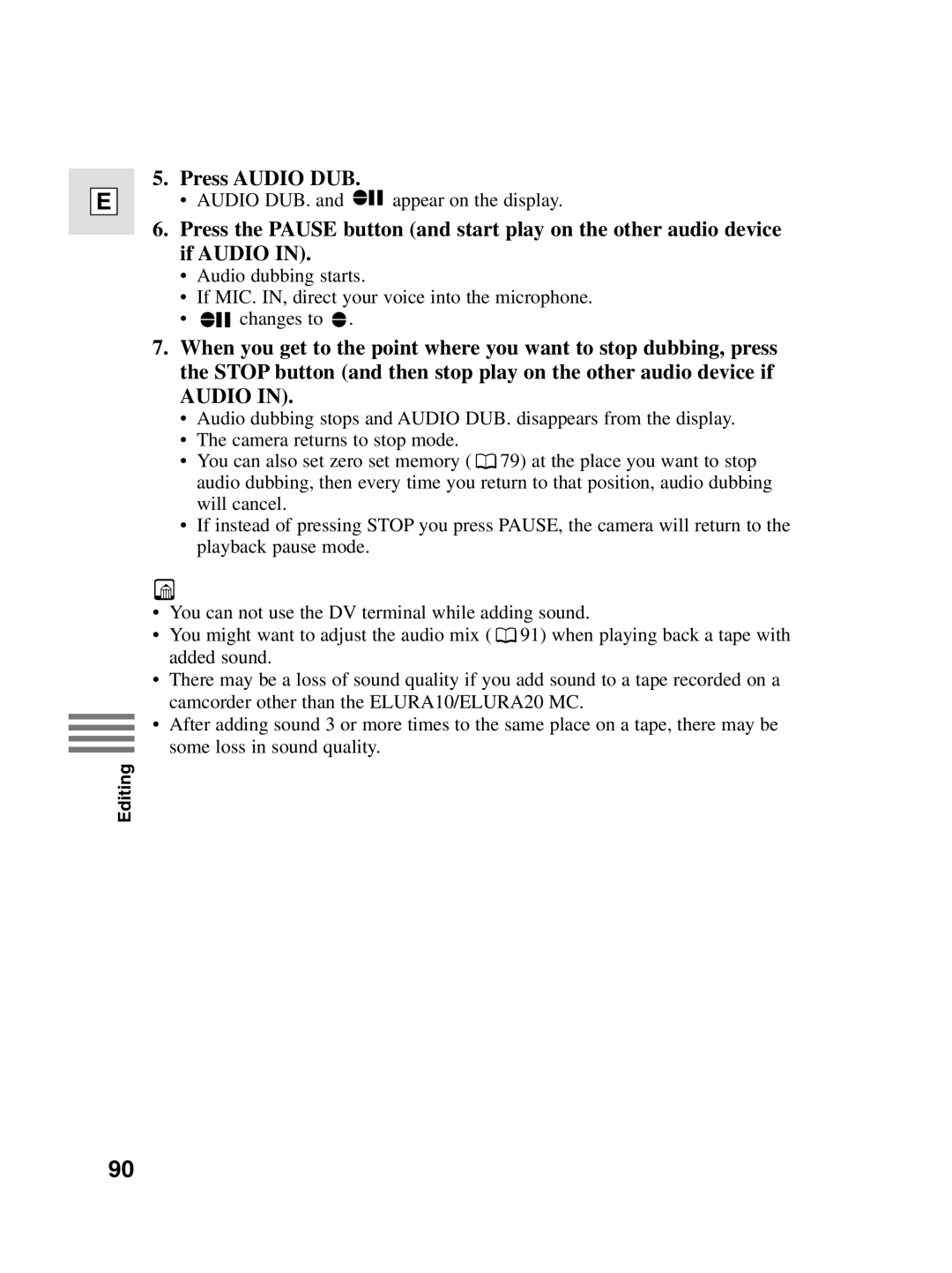 Canon 10, elura20 instruction manual Press Audio DUB 