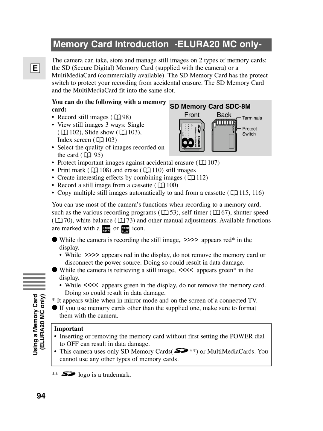 Canon 10, elura20 instruction manual Memory Card Introduction -ELURA20 MC only, You can do the following with a memory Card 