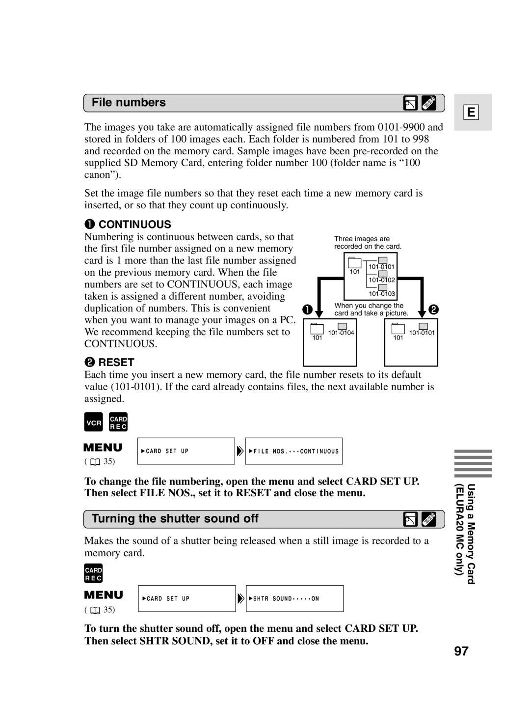 Canon elura20, 10 instruction manual File numbers, Turning the shutter sound off 