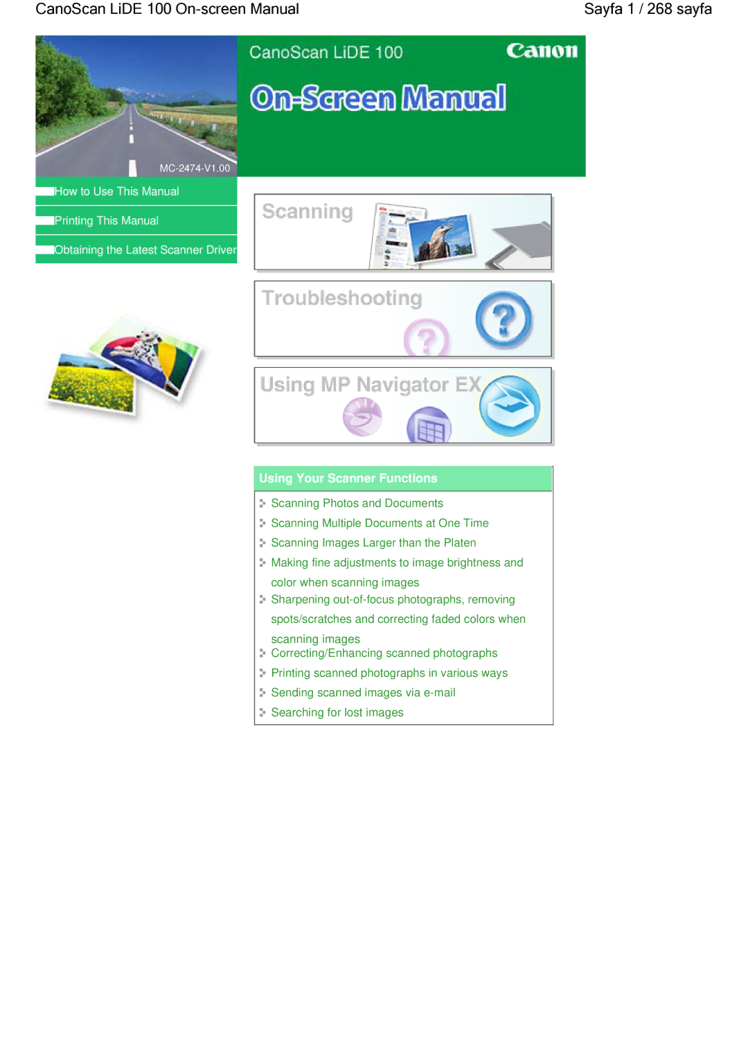 Canon manual CanoScan LiDE 100 On-screen Manual Sayfa 1 / 268 sayfa, Using Your Scanner Functions 