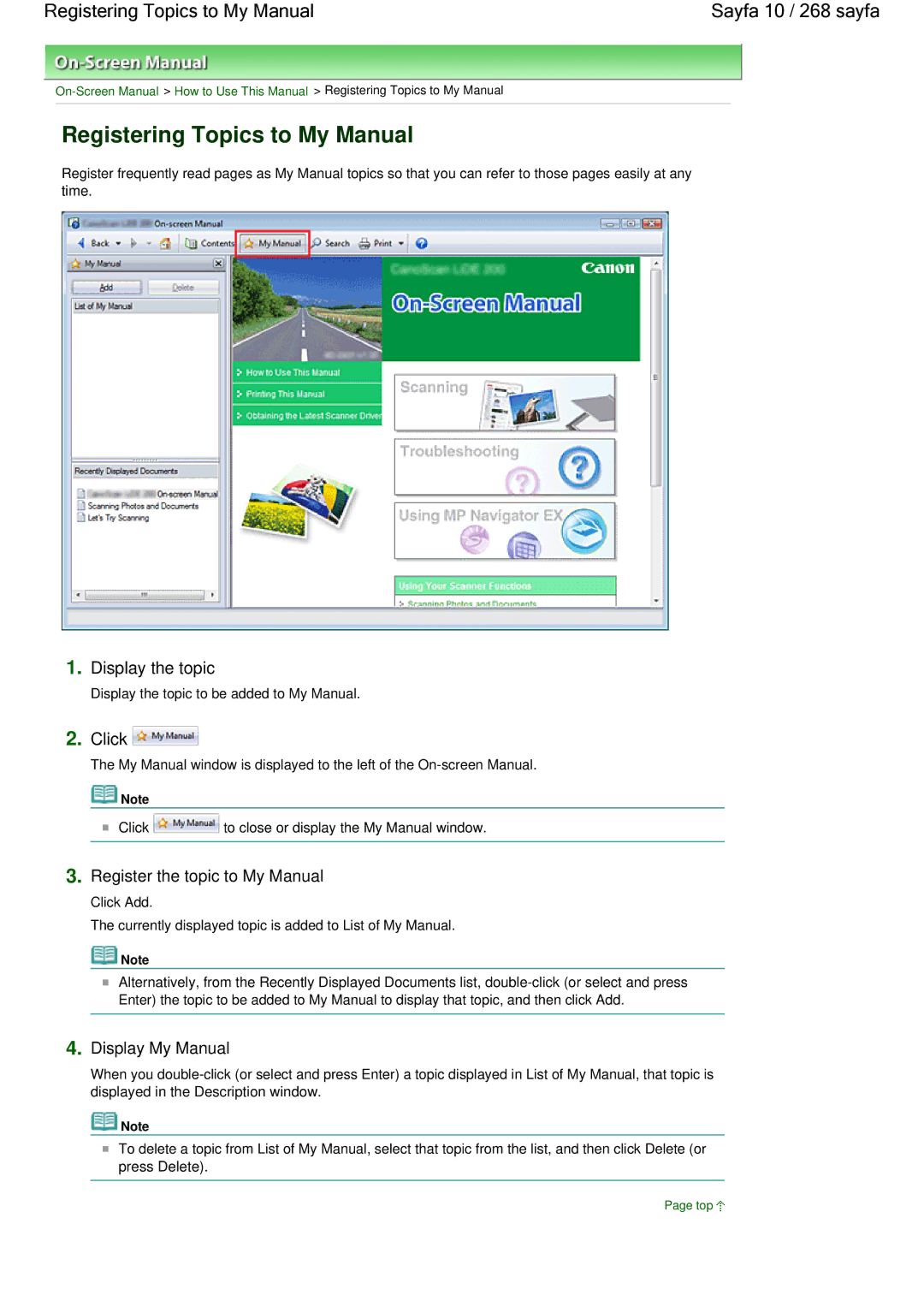 Canon 100 Registering Topics to My Manual Sayfa 10 / 268 sayfa, Display the topic, Register the topic to My Manual 