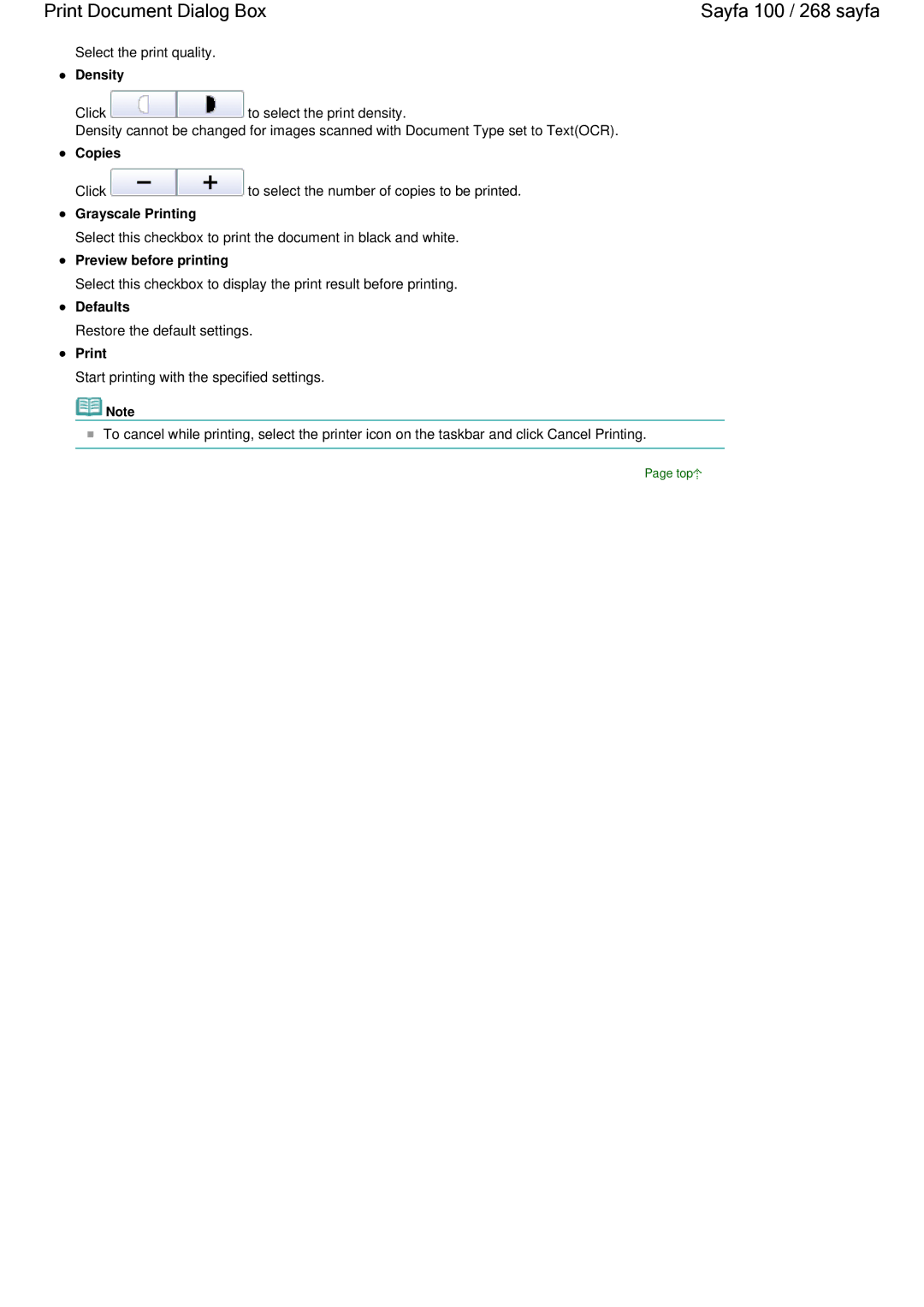 Canon Print Document Dialog Box Sayfa 100 / 268 sayfa, Density, Copies, Grayscale Printing, Preview before printing 