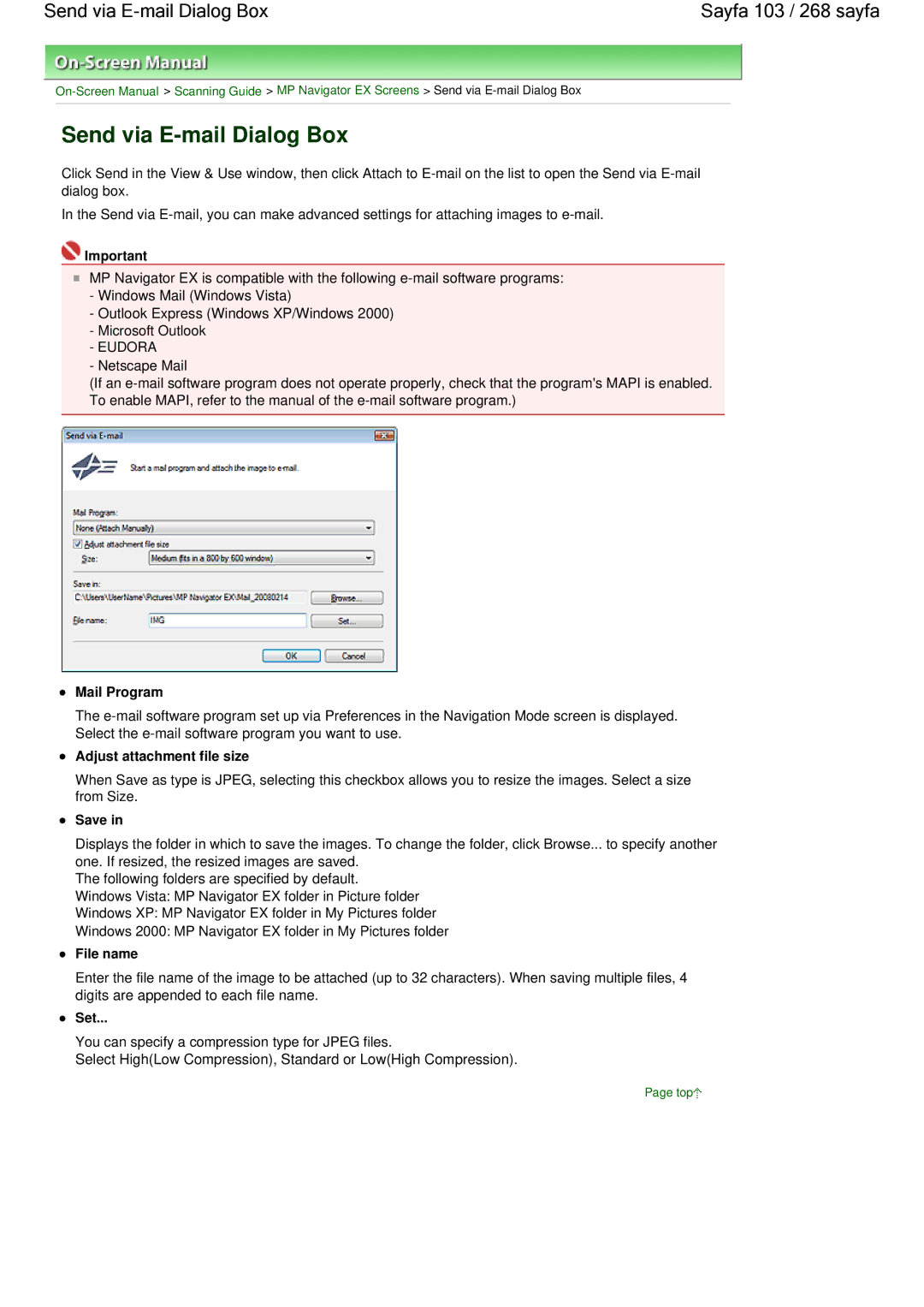 Canon 100 manual Send via E-mail Dialog Box Sayfa 103 / 268 sayfa, Mail Program, Adjust attachment file size 