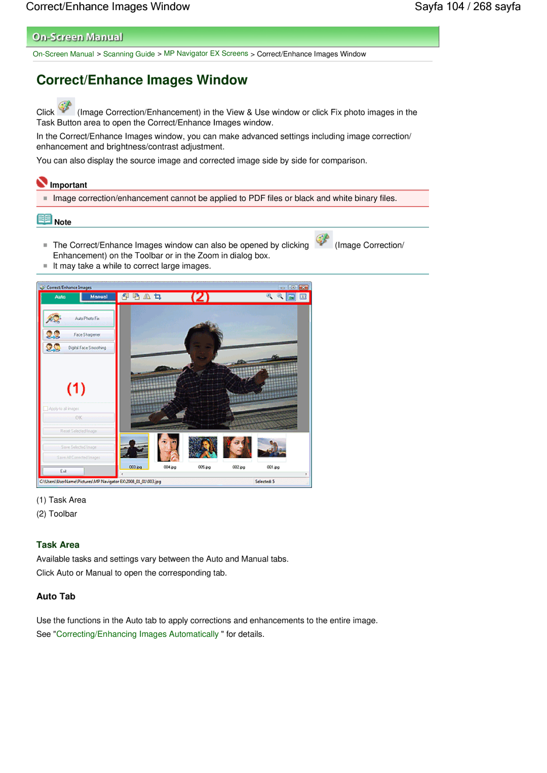Canon 100 manual Correct/Enhance Images Window Sayfa 104 / 268 sayfa, Task Area 