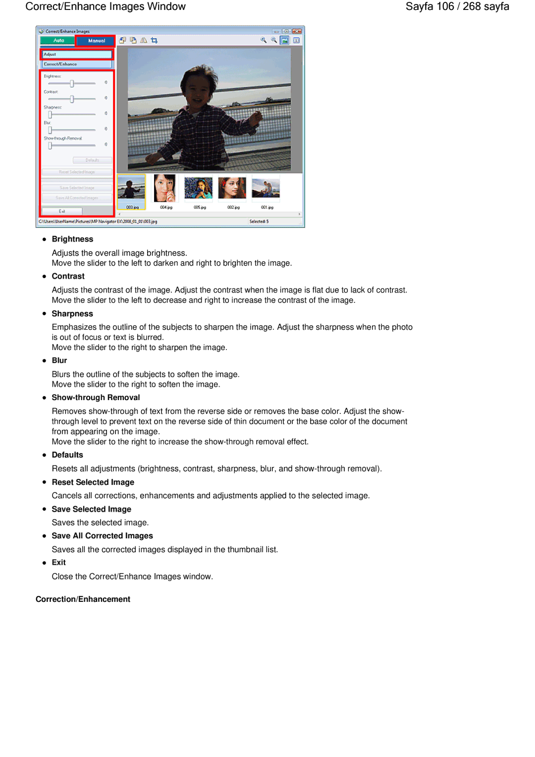 Canon 100 manual Correct/Enhance Images Window Sayfa 106 / 268 sayfa, Correction/Enhancement 
