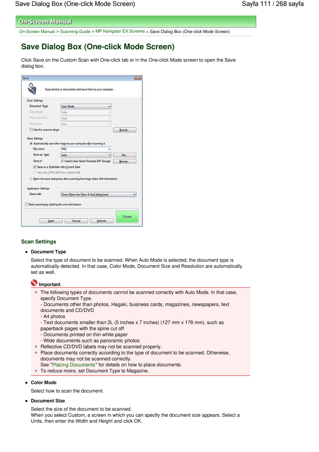 Canon 100 manual Save Dialog Box One-click Mode Screen Sayfa 111 / 268 sayfa, Scan Settings, Color Mode 