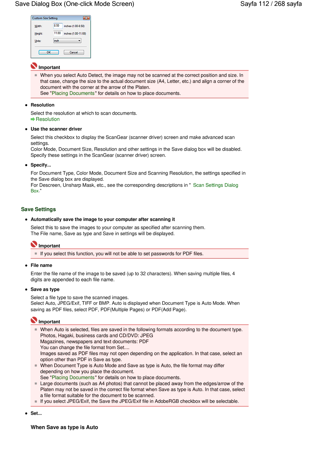 Canon 100 manual Save Dialog Box One-click Mode Screen Sayfa 112 / 268 sayfa, Save Settings, Resolution 