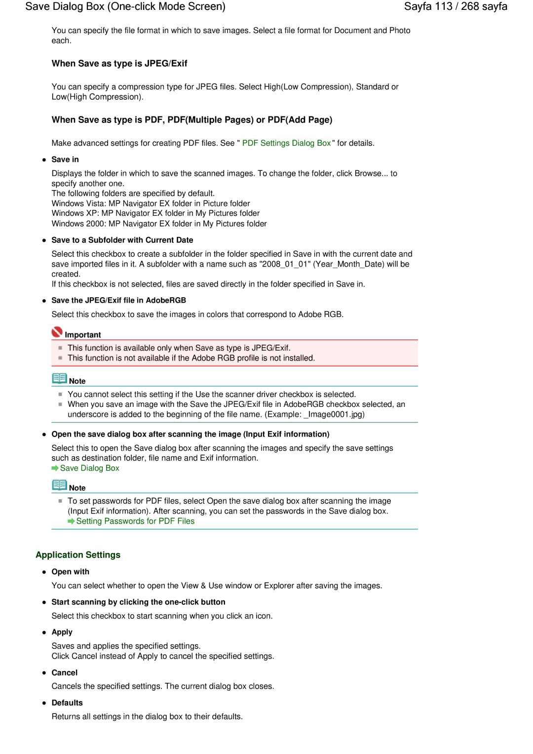 Canon 100 manual Save Dialog Box One-click Mode Screen Sayfa 113 / 268 sayfa, Application Settings, Open with, Cancel 