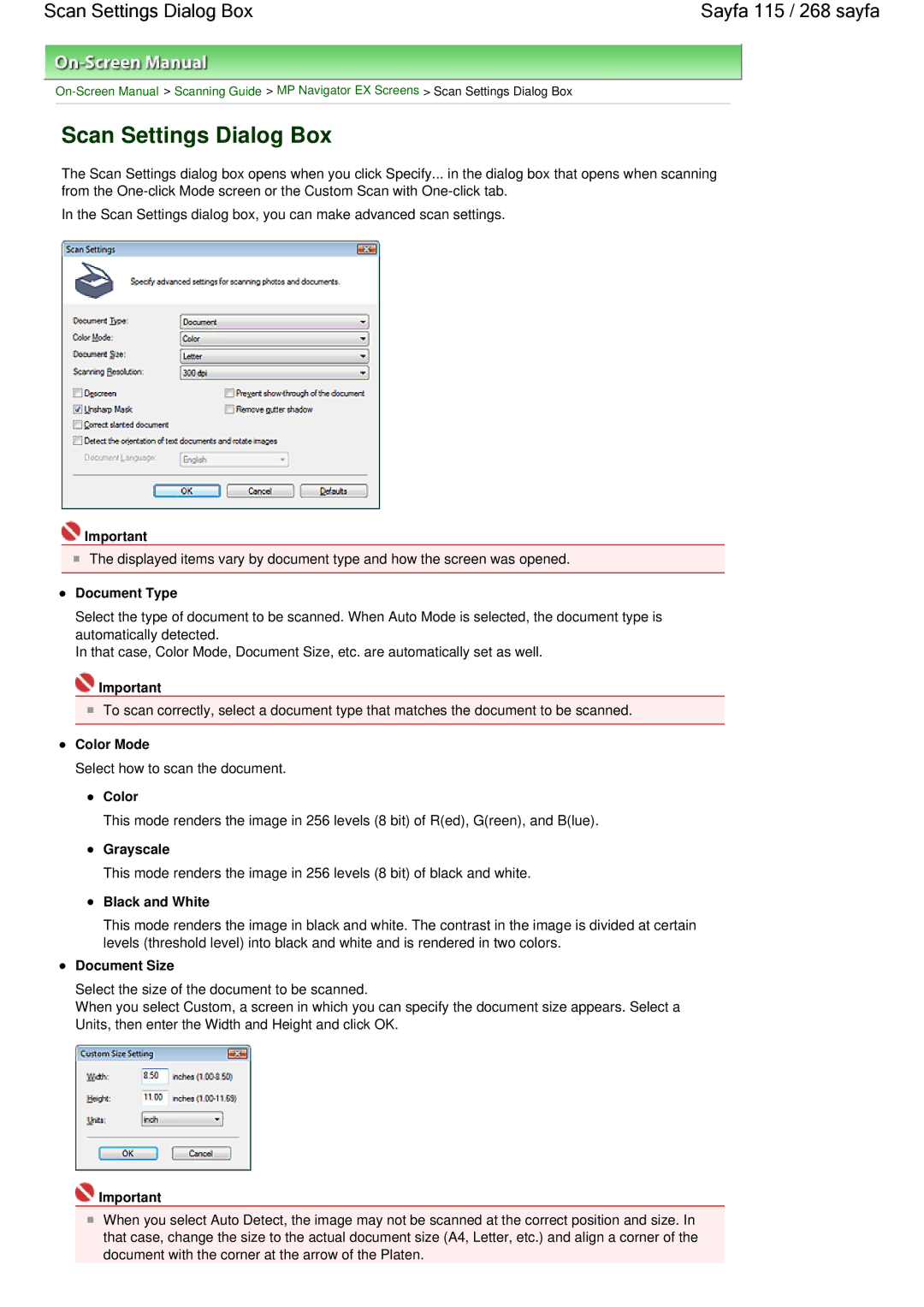 Canon 100 manual Scan Settings Dialog Box Sayfa 115 / 268 sayfa, Grayscale, Black and White 