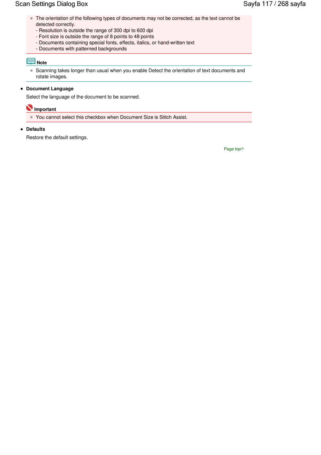 Canon 100 manual Scan Settings Dialog Box Sayfa 117 / 268 sayfa, Document Language 