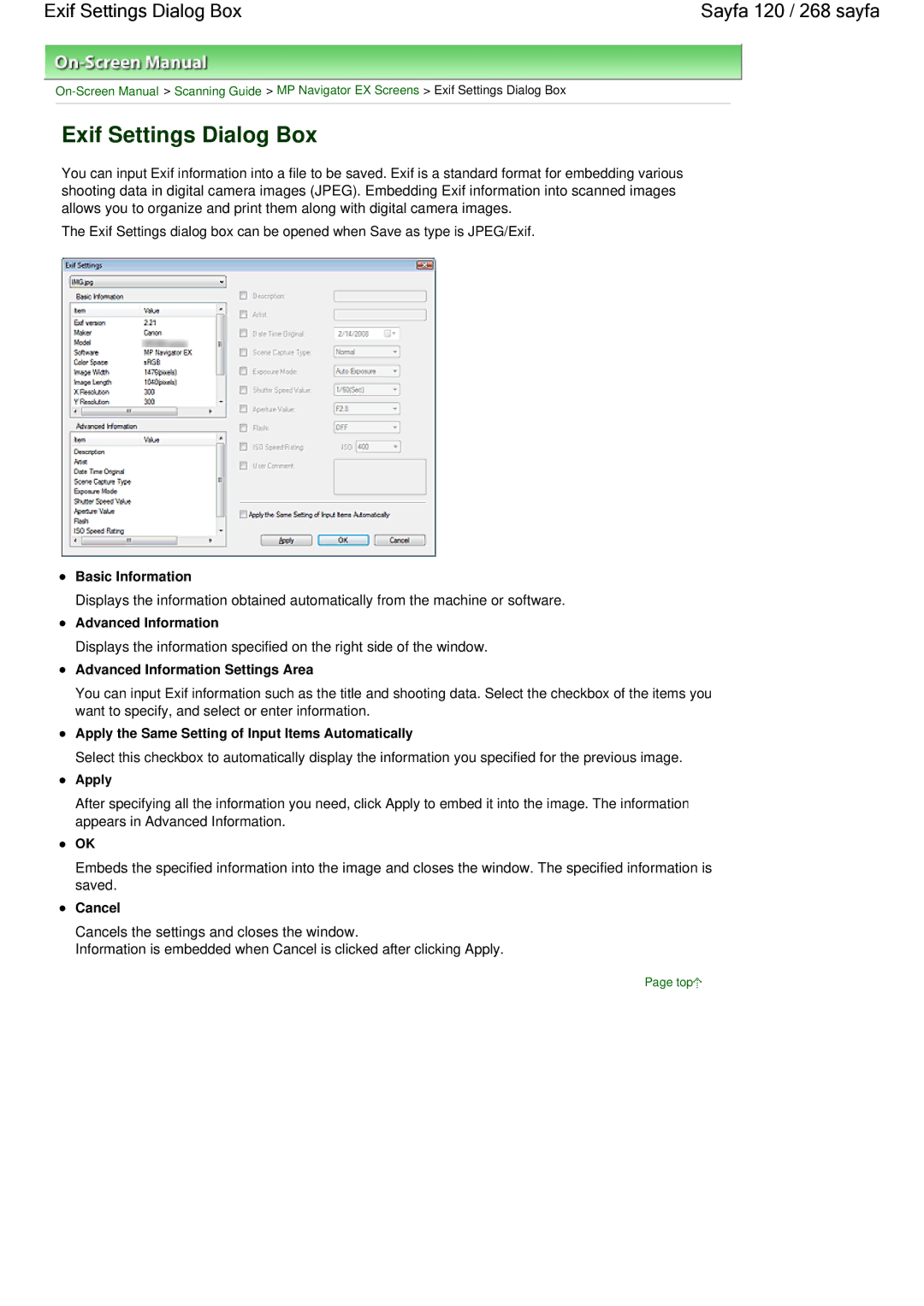 Canon 100 manual Exif Settings Dialog Box Sayfa 120 / 268 sayfa 