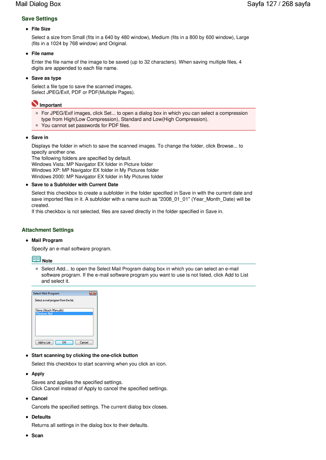 Canon 100 manual Mail Dialog Box Sayfa 127 / 268 sayfa, Attachment Settings 