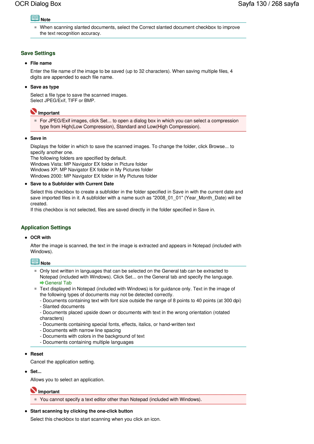 Canon 100 manual OCR Dialog Box Sayfa 130 / 268 sayfa, Save Settings 