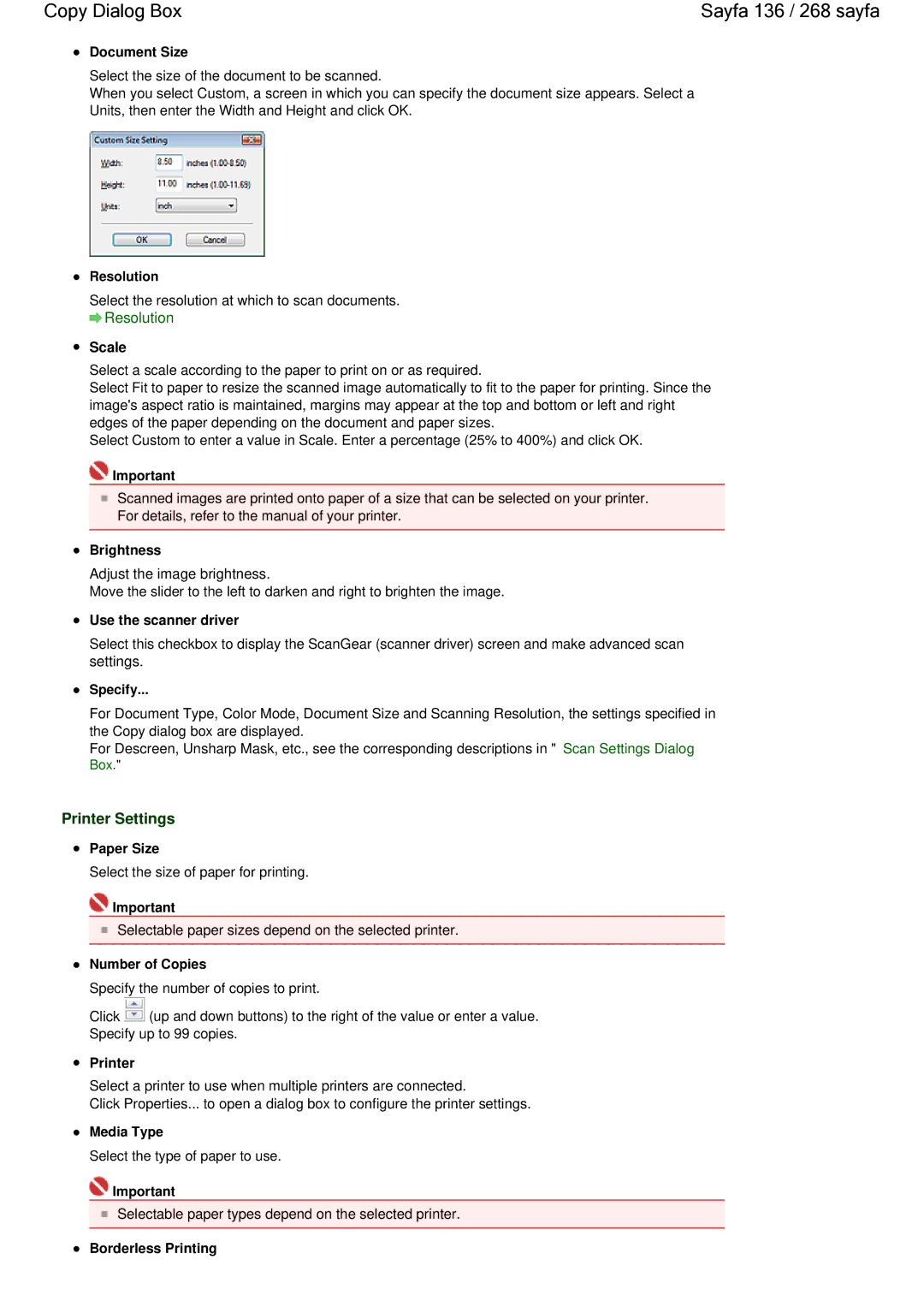 Canon 100 manual Copy Dialog Box Sayfa 136 / 268 sayfa, Printer Settings, Number of Copies 