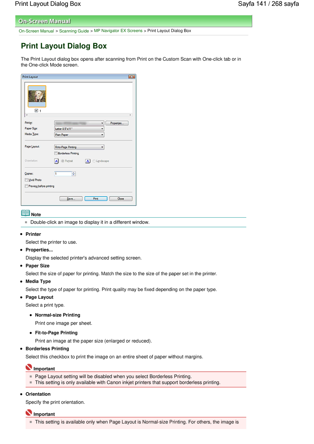 Canon 100 manual Print Layout Dialog Box Sayfa 141 / 268 sayfa 