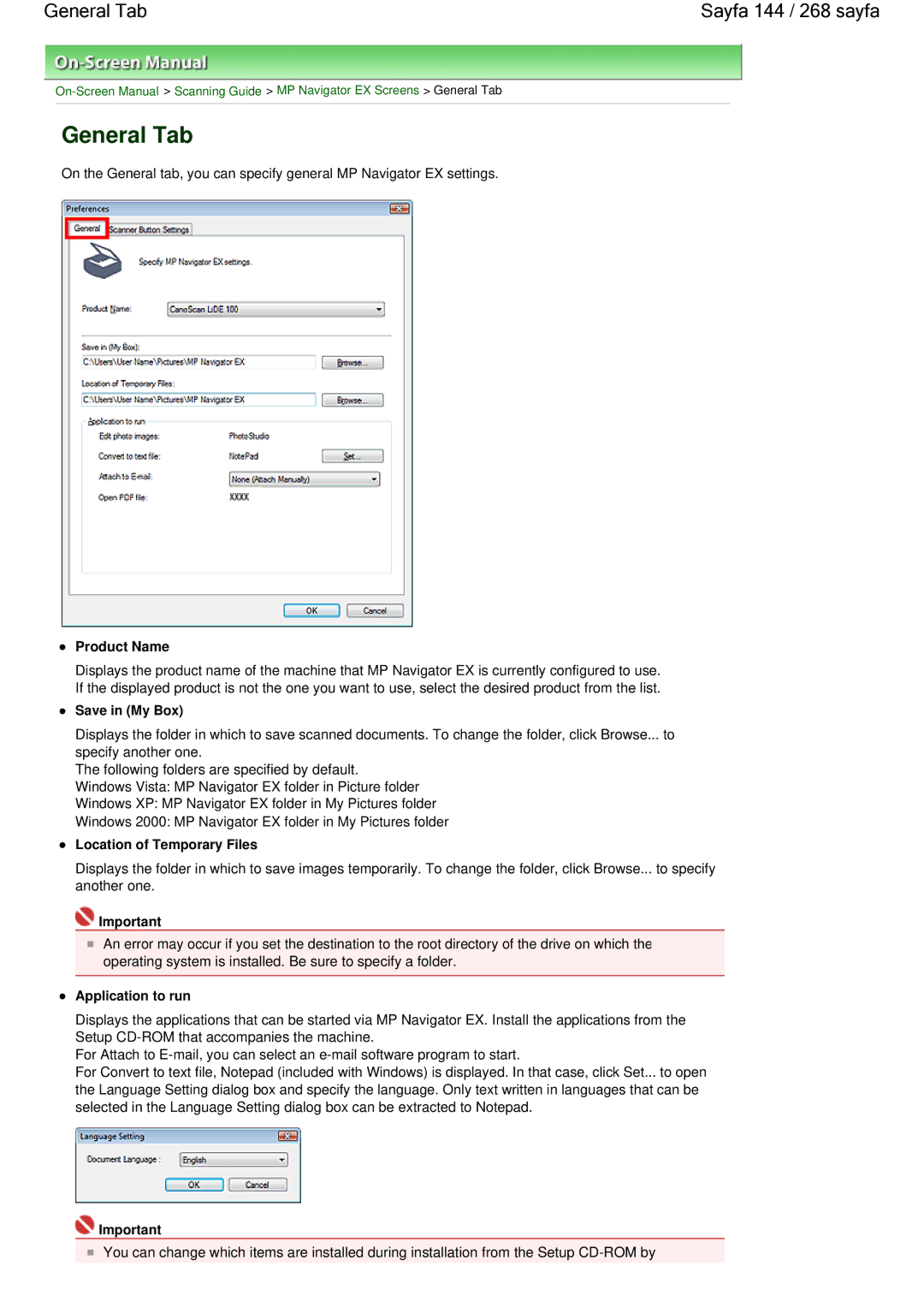 Canon 100 General Tab Sayfa 144 / 268 sayfa, Product Name, Save in My Box, Location of Temporary Files, Application to run 