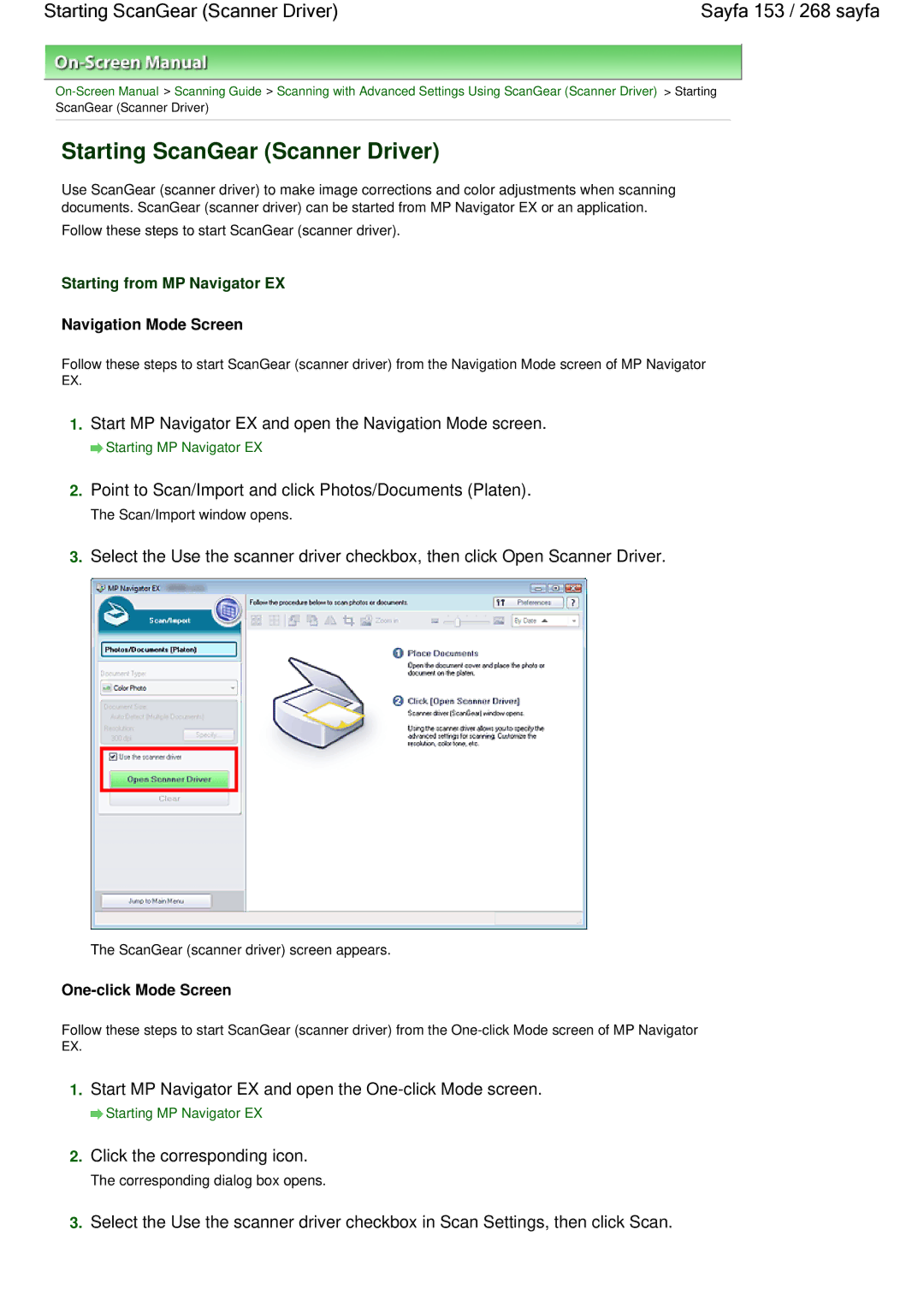 Canon 100 manual Starting ScanGear Scanner Driver Sayfa 153 / 268 sayfa, Starting from MP Navigator EX 
