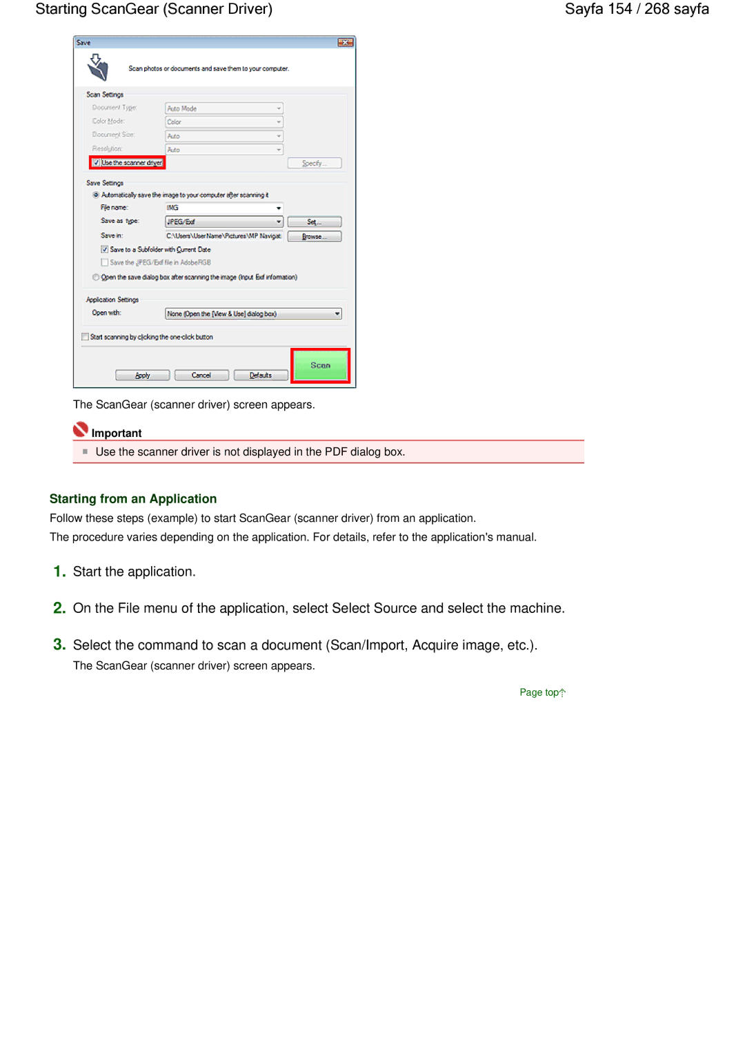 Canon 100 Starting ScanGear Scanner Driver Sayfa 154 / 268 sayfa, Start the application, Starting from an Application 