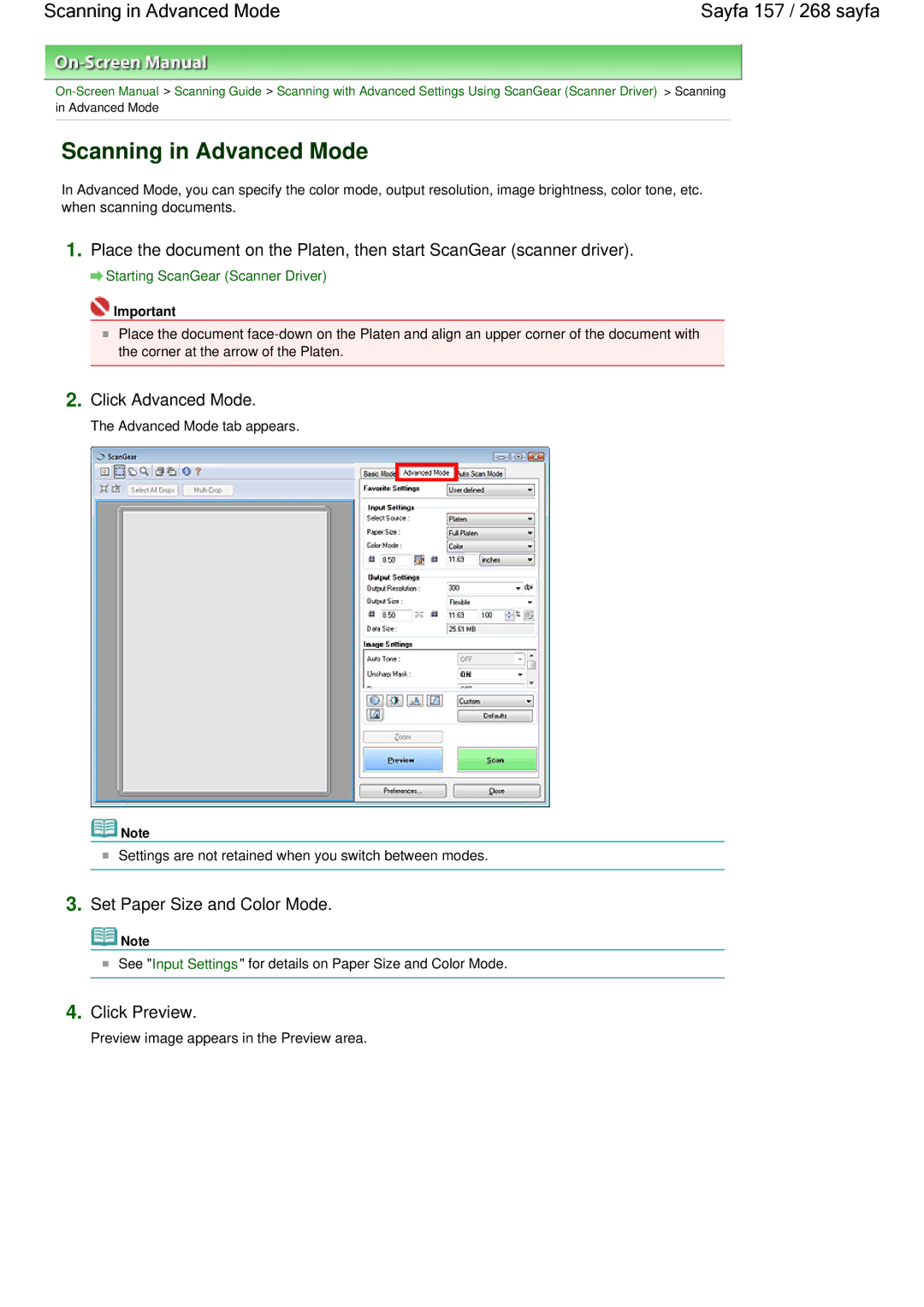 Canon 100 manual Scanning in Advanced Mode Sayfa 157 / 268 sayfa, Click Advanced Mode, Set Paper Size and Color Mode 