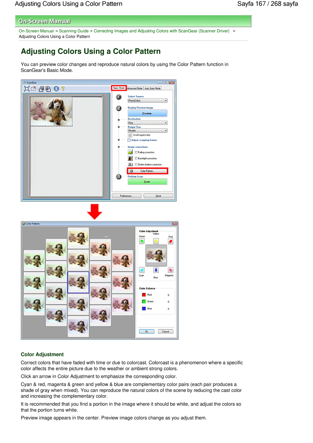 Canon 100 manual Adjusting Colors Using a Color Pattern, Color Adjustment 