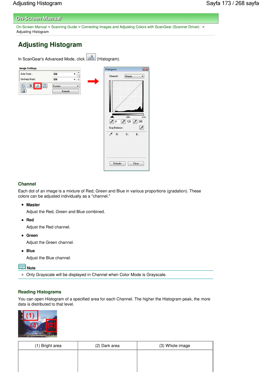 Canon 100 manual Adjusting Histogram Sayfa 173 / 268 sayfa, Reading Histograms 