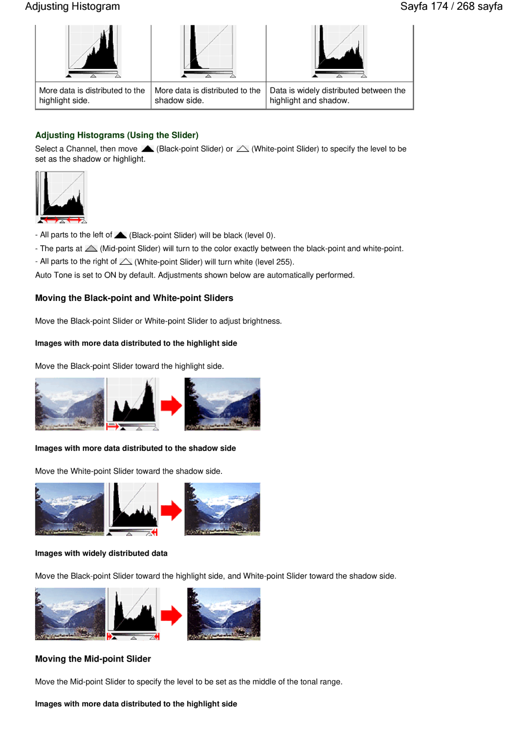 Canon 100 manual Adjusting Histogram Sayfa 174 / 268 sayfa, Adjusting Histograms Using the Slider 