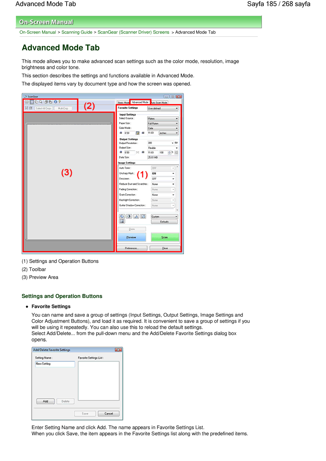 Canon 100 manual Advanced Mode Tab Sayfa 185 / 268 sayfa, Favorite Settings 