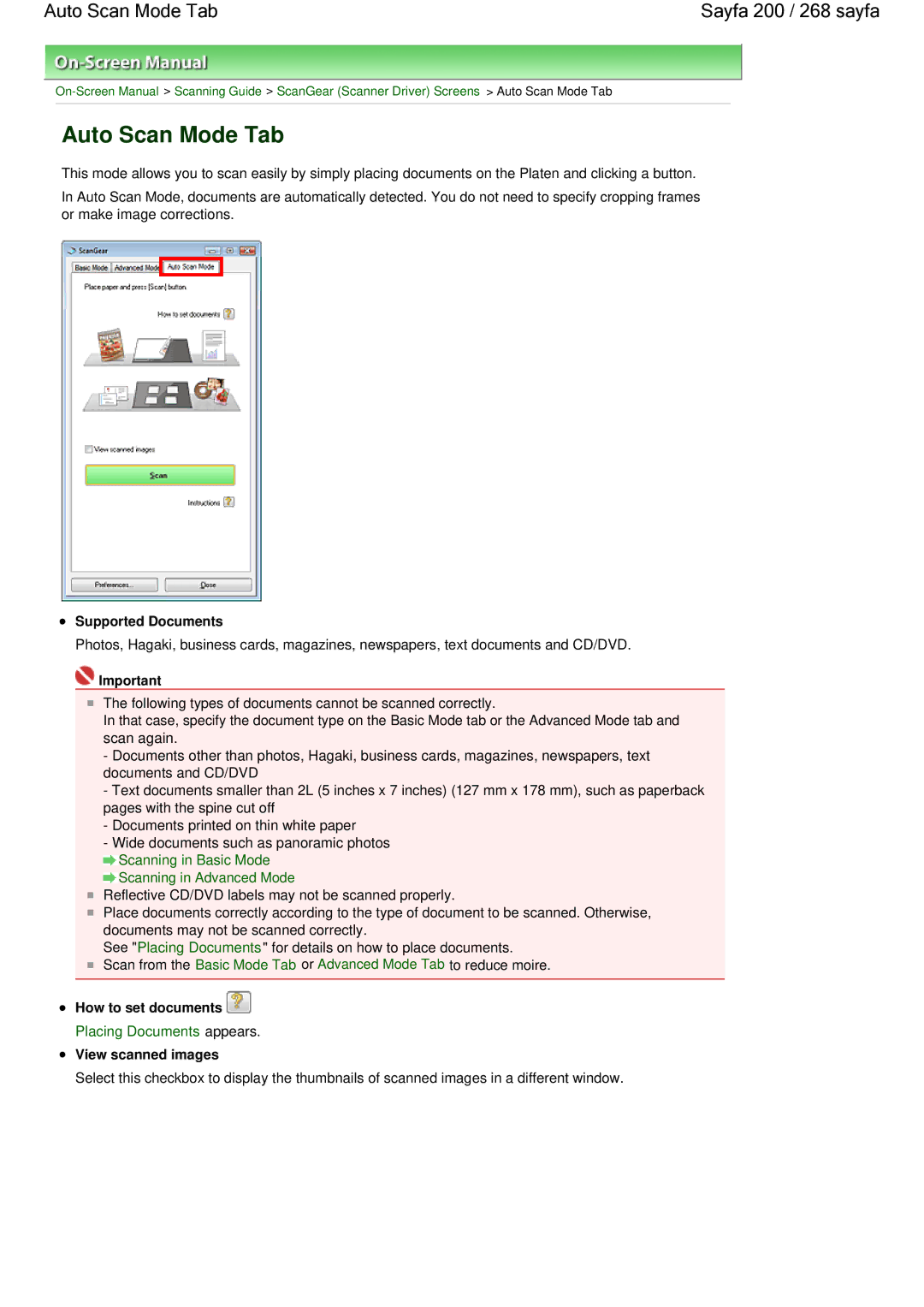 Canon 100 Auto Scan Mode Tab Sayfa 200 / 268 sayfa, Supported Documents, How to set documents, View scanned images 