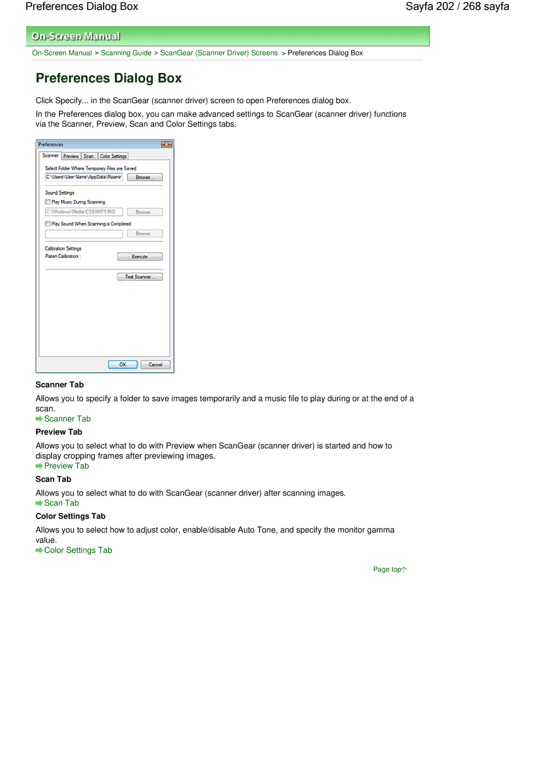 Canon 100 manual Preferences Dialog Box Sayfa 202 / 268 sayfa, Scanner Tab, Preview Tab, Scan Tab, Color Settings Tab 