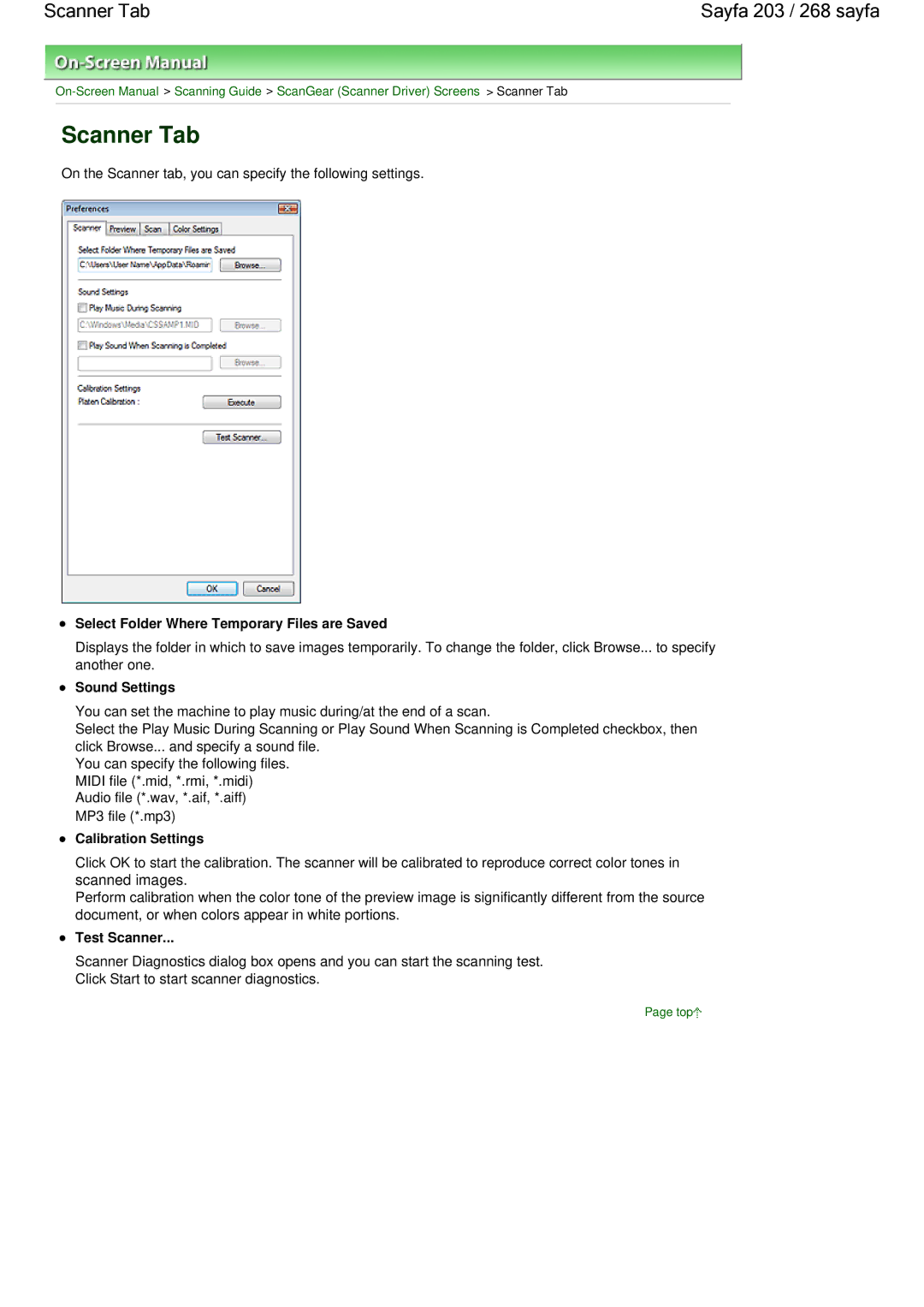 Canon 100 Scanner Tab Sayfa 203 / 268 sayfa, Select Folder Where Temporary Files are Saved, Sound Settings, Test Scanner 