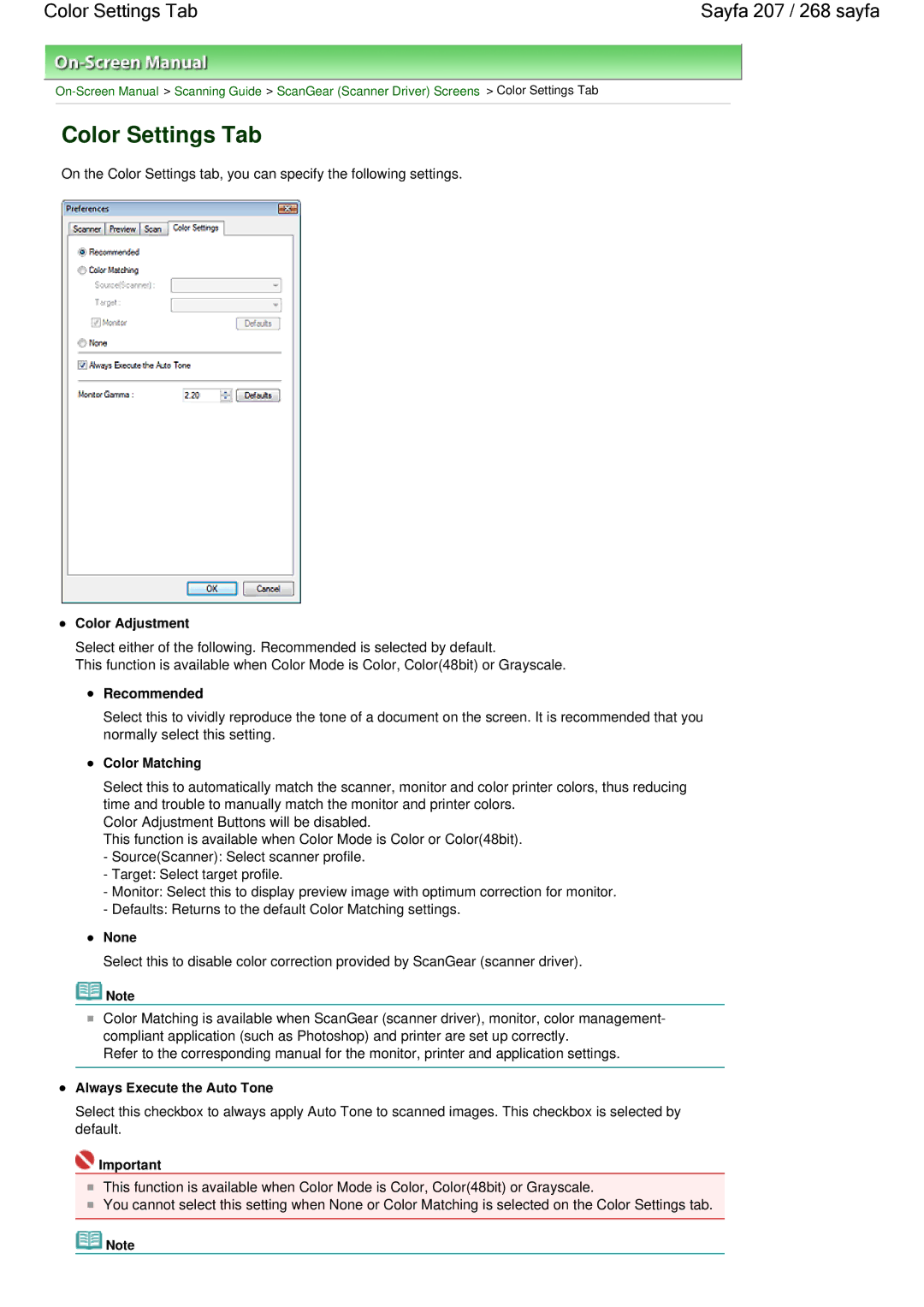 Canon 100 manual Color Settings Tab Sayfa 207 / 268 sayfa 