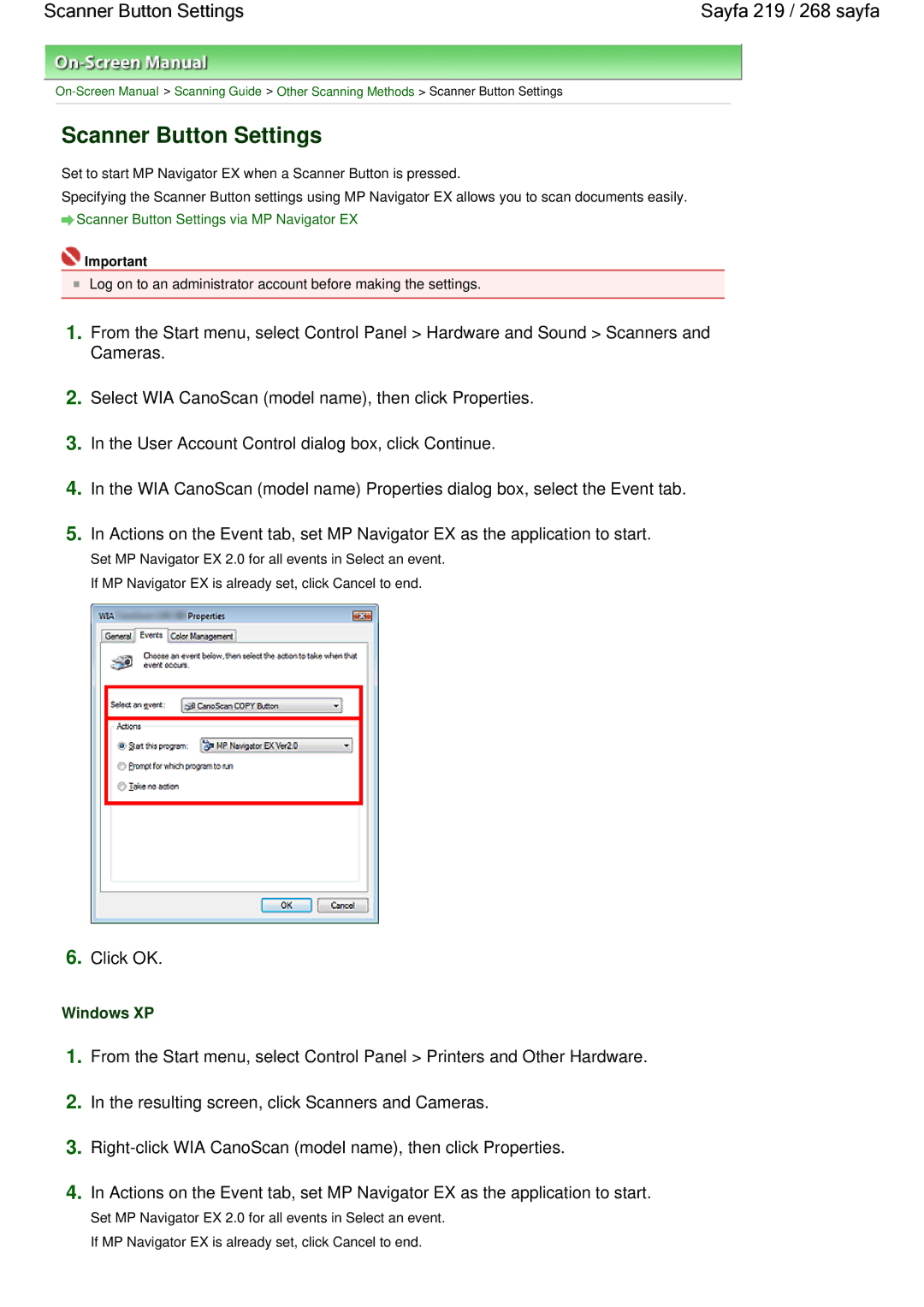 Canon 100 manual Scanner Button Settings Sayfa 219 / 268 sayfa, Windows XP 