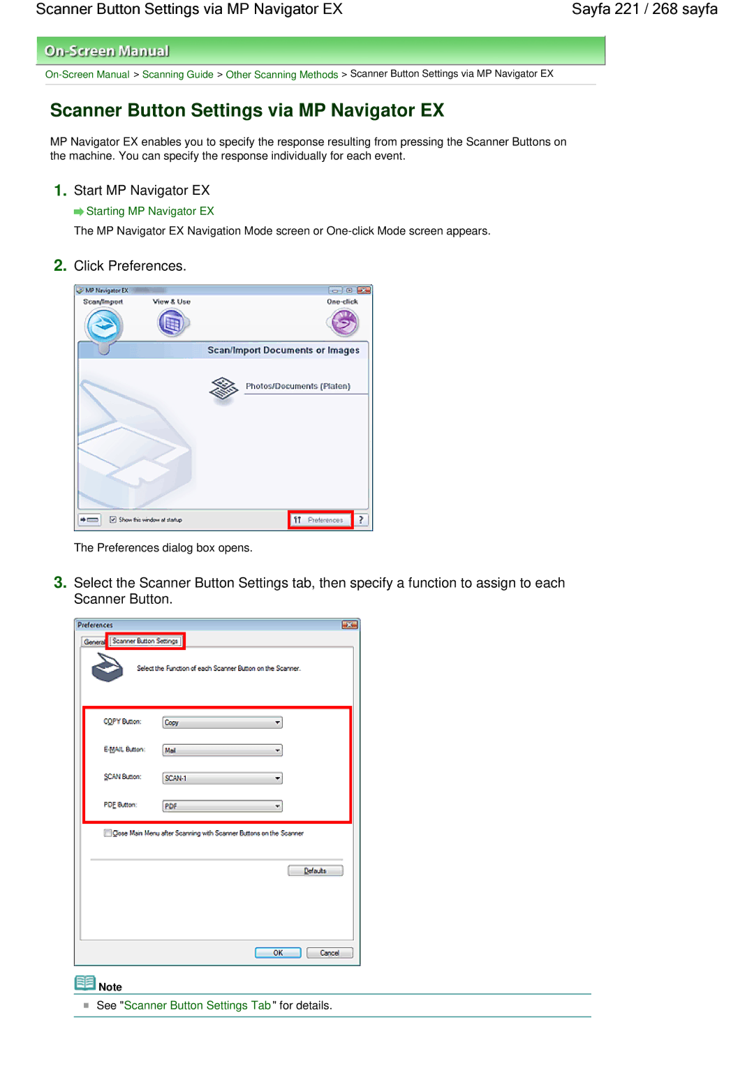 Canon 100 manual Scanner Button Settings via MP Navigator EX, Click Preferences 