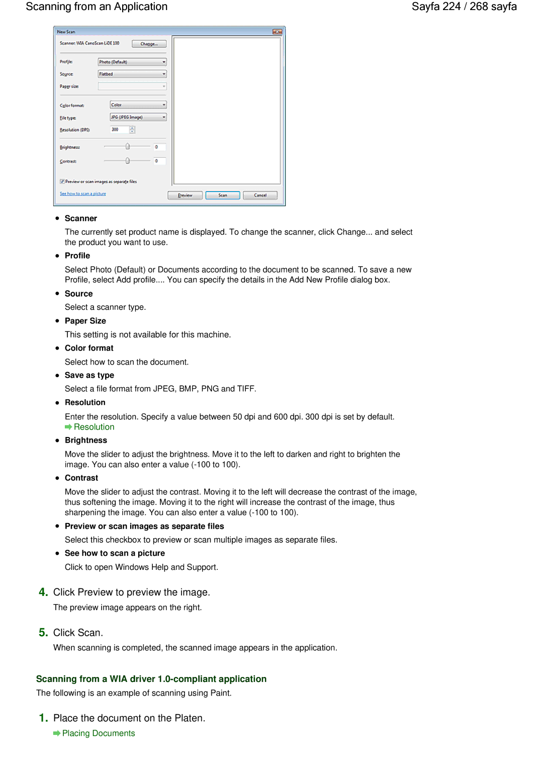 Canon 100 manual Scanning from an Application Sayfa 224 / 268 sayfa, Click Preview to preview the image 