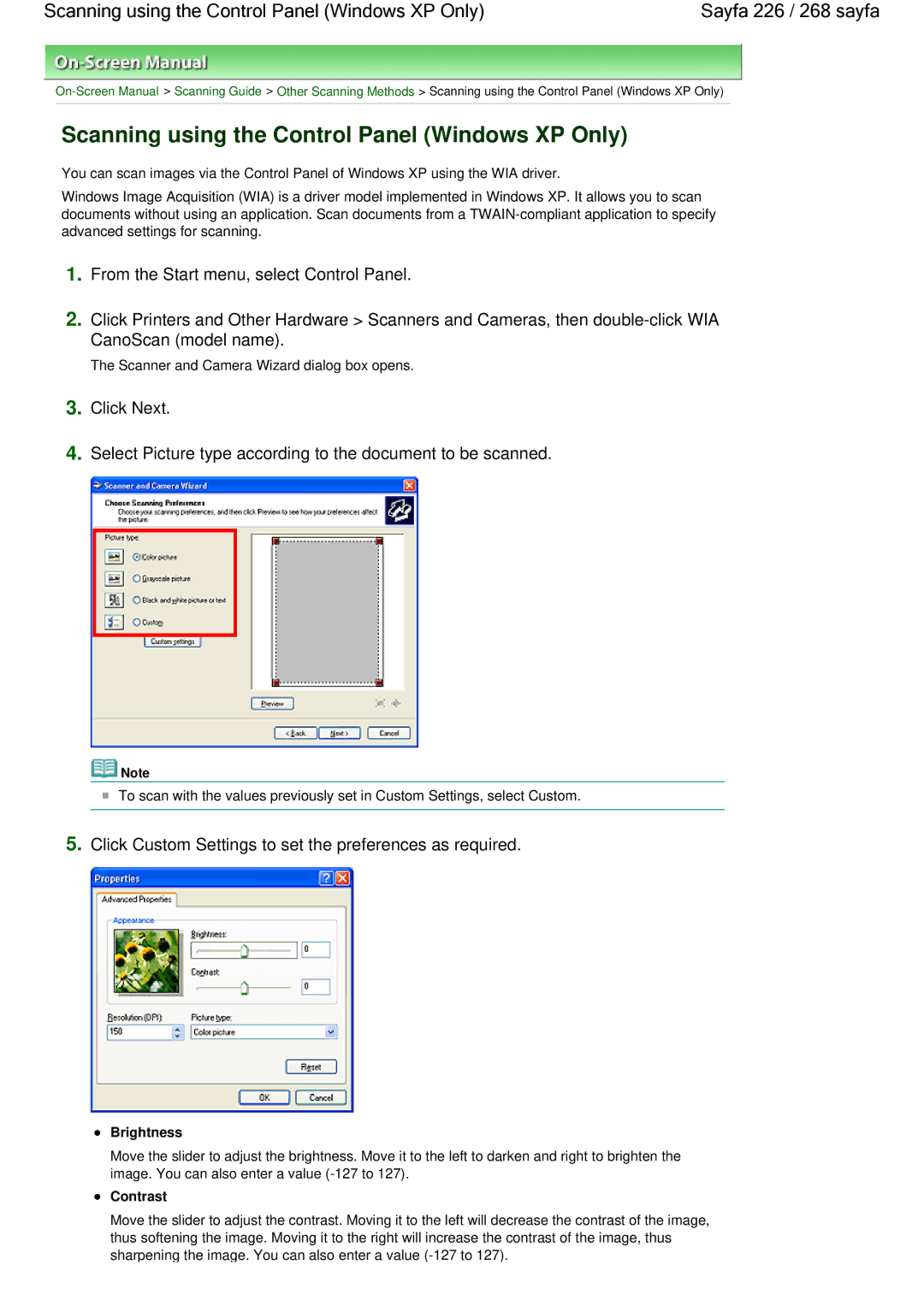 Canon 100 Scanning using the Control Panel Windows XP Only, Select Picture type according to the document to be scanned 