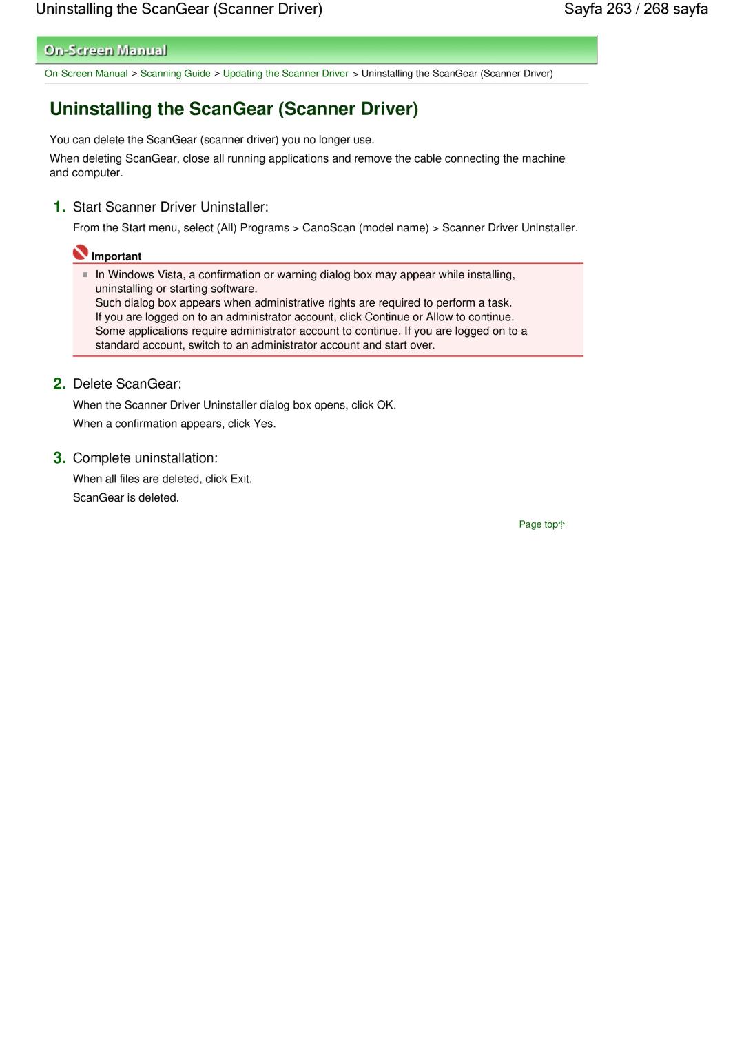 Canon 100 manual Uninstalling the ScanGear Scanner Driver, Start Scanner Driver Uninstaller, Delete ScanGear 